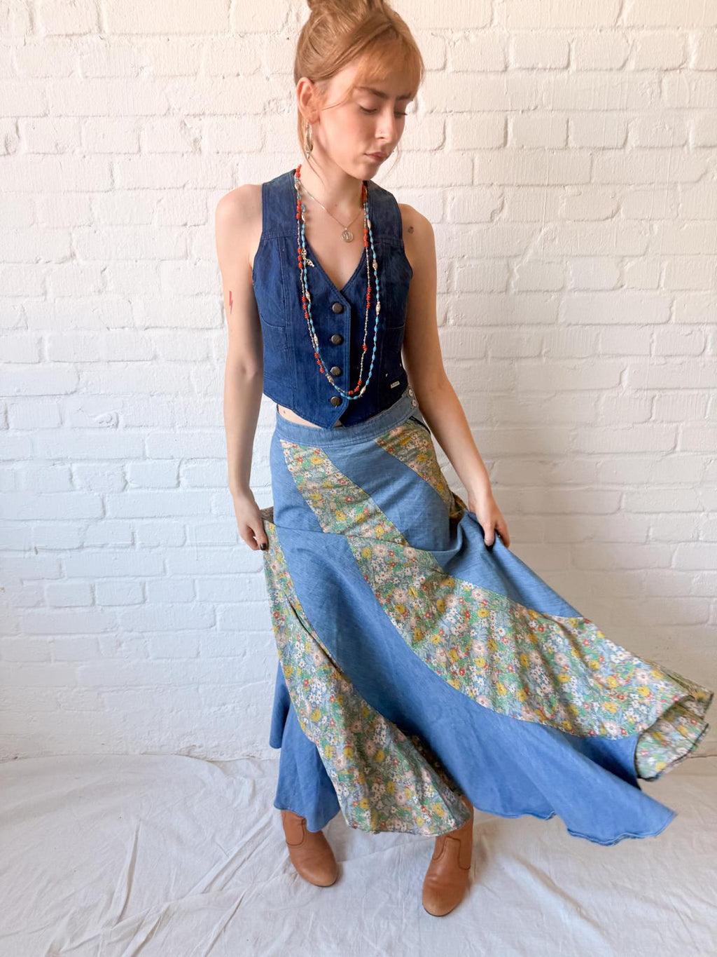 1970s Asymmetrical Patchwork Chambray & Floral Maxi Skirt