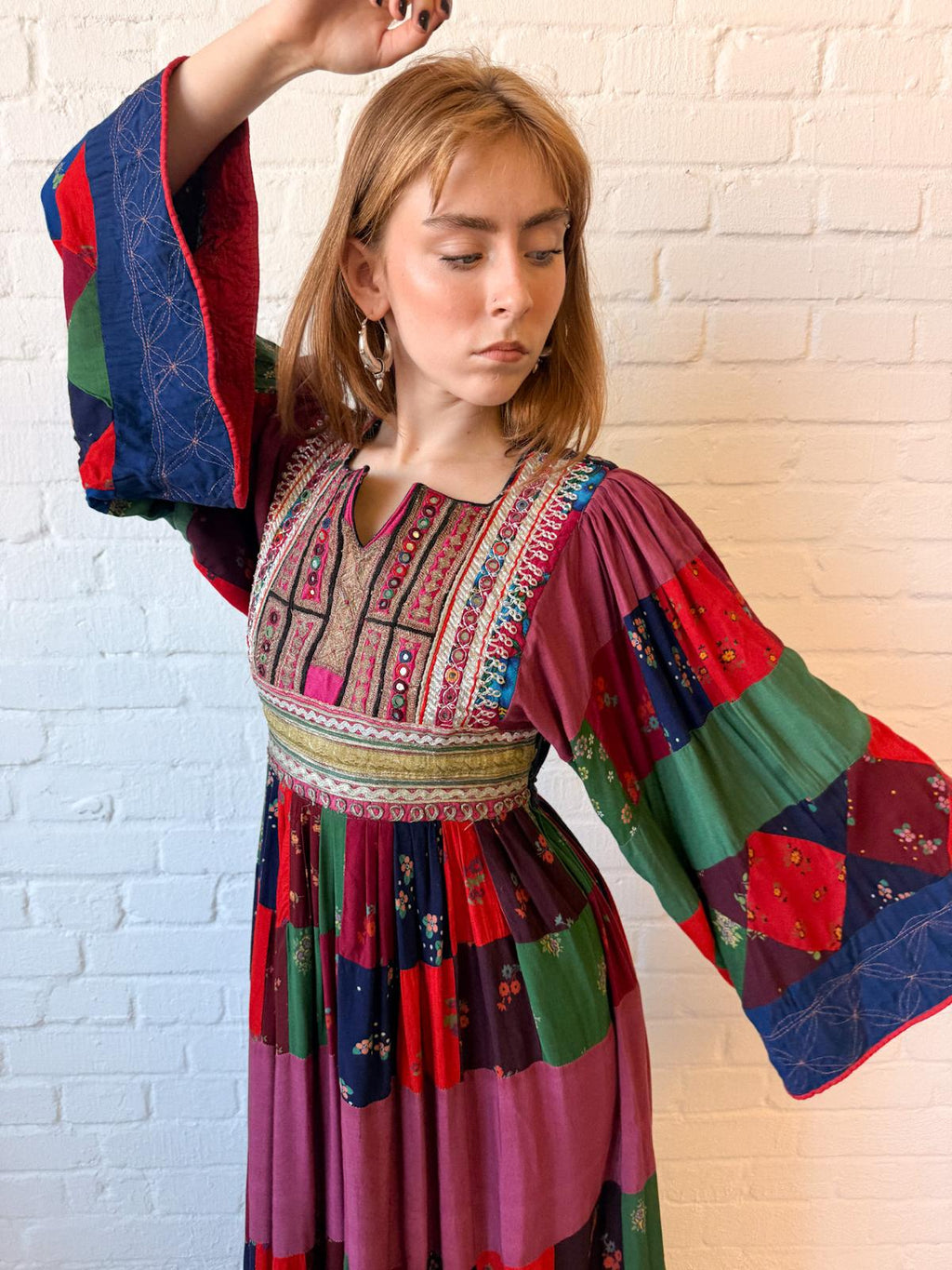 1970s Afghan-Style Patchwork Maxi Dress with Mirrorwork Embroidered Bodice