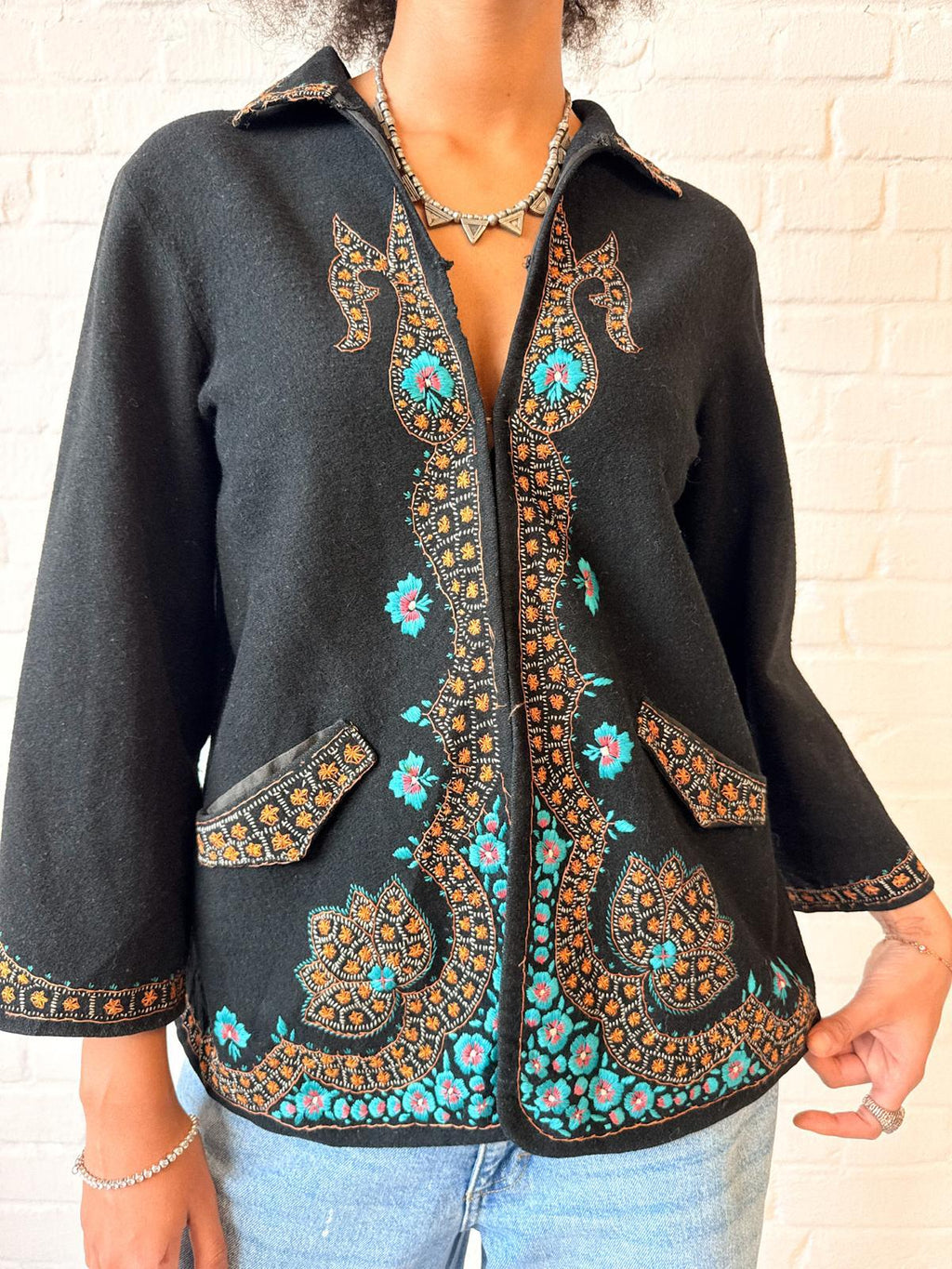 1920s–30s Black Wool Jacket with Kashmiri-Style Floral Embroidery
