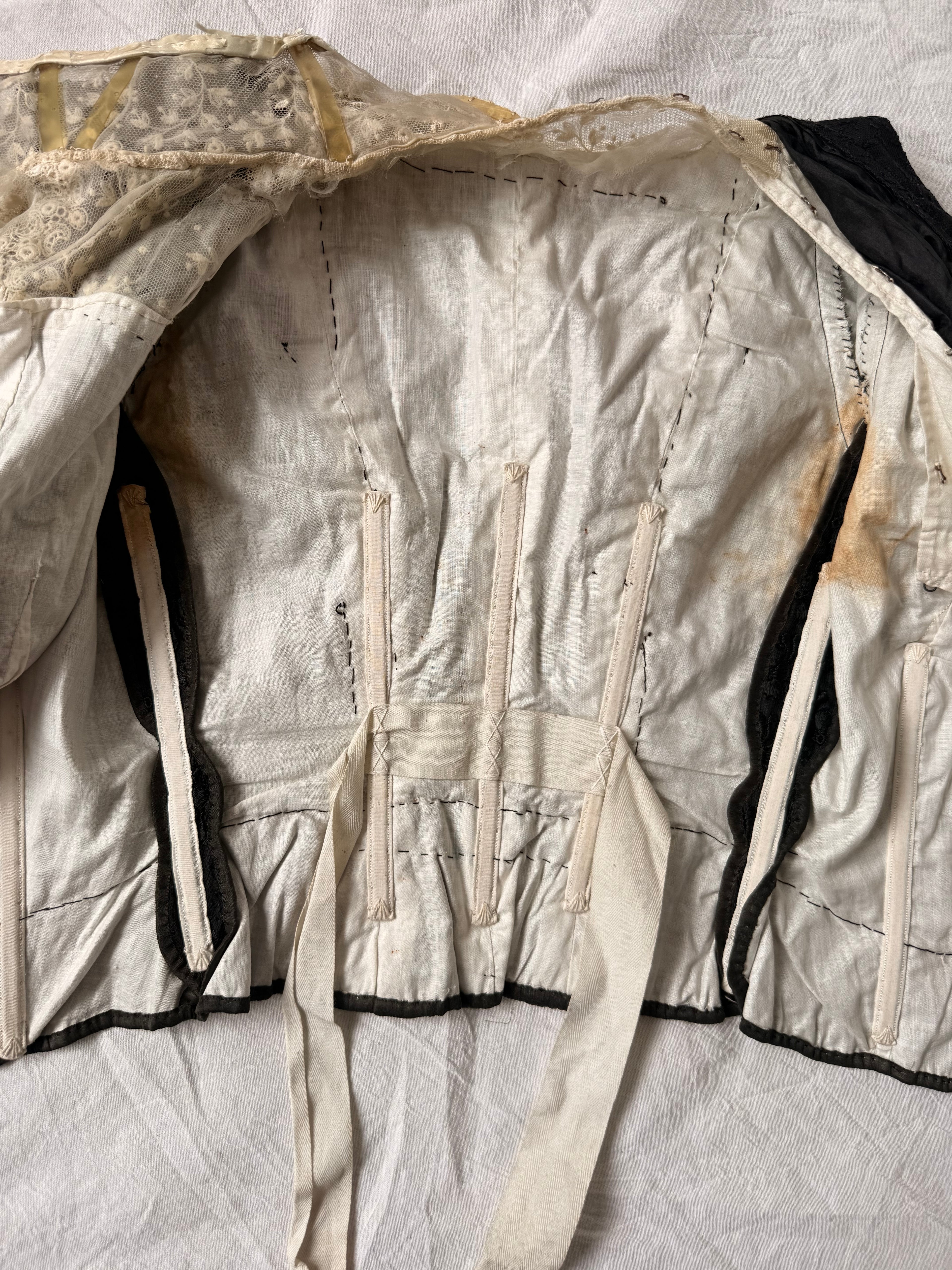 Victorian / Early Edwardian Black Silk & Lace Boned Bodice | Antique Embroidered Jacket | c. 1895–1910
