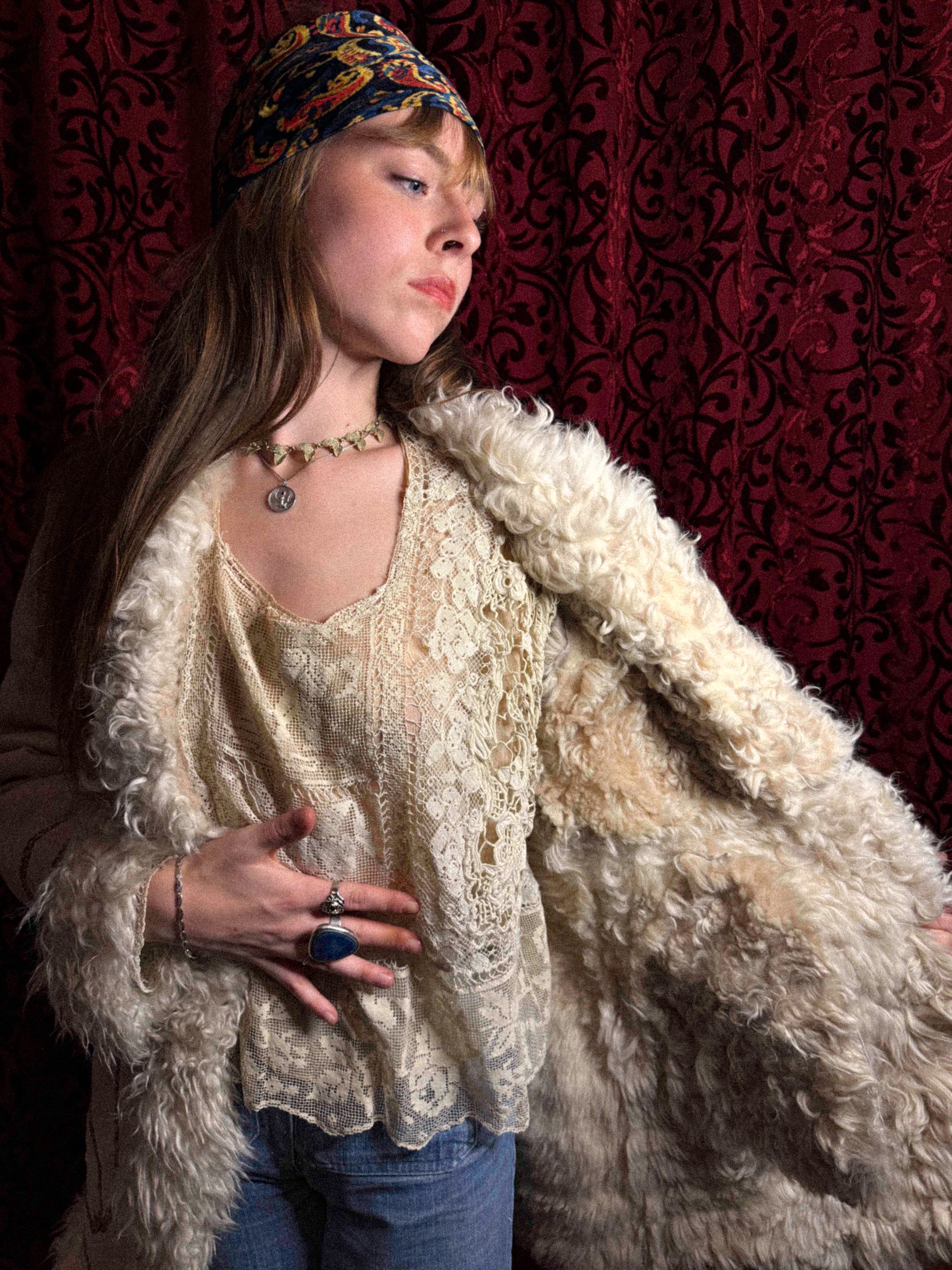 Rare 1970s Mongolian Sheepskin Coat in Soft Cream Suede
