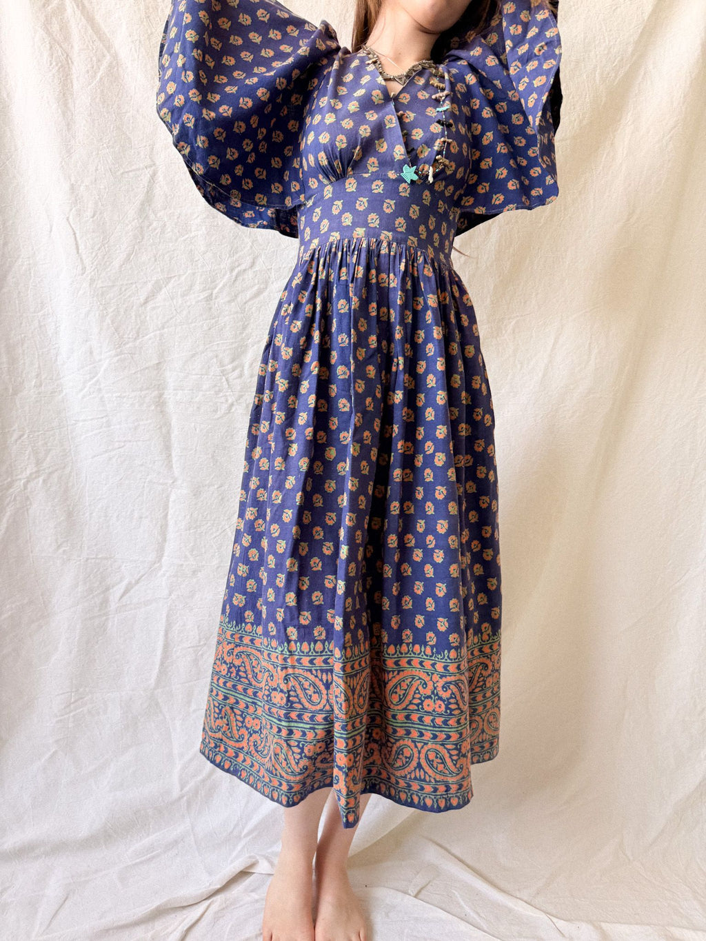 1970s West German Cotton Block Print Angel Sleeve Dress