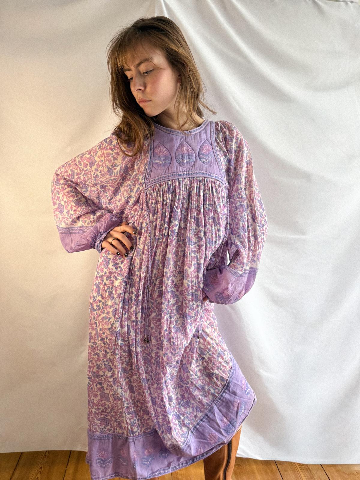 1970s Lavender Indian Cotton Gauze Dress with Quilted Yoke