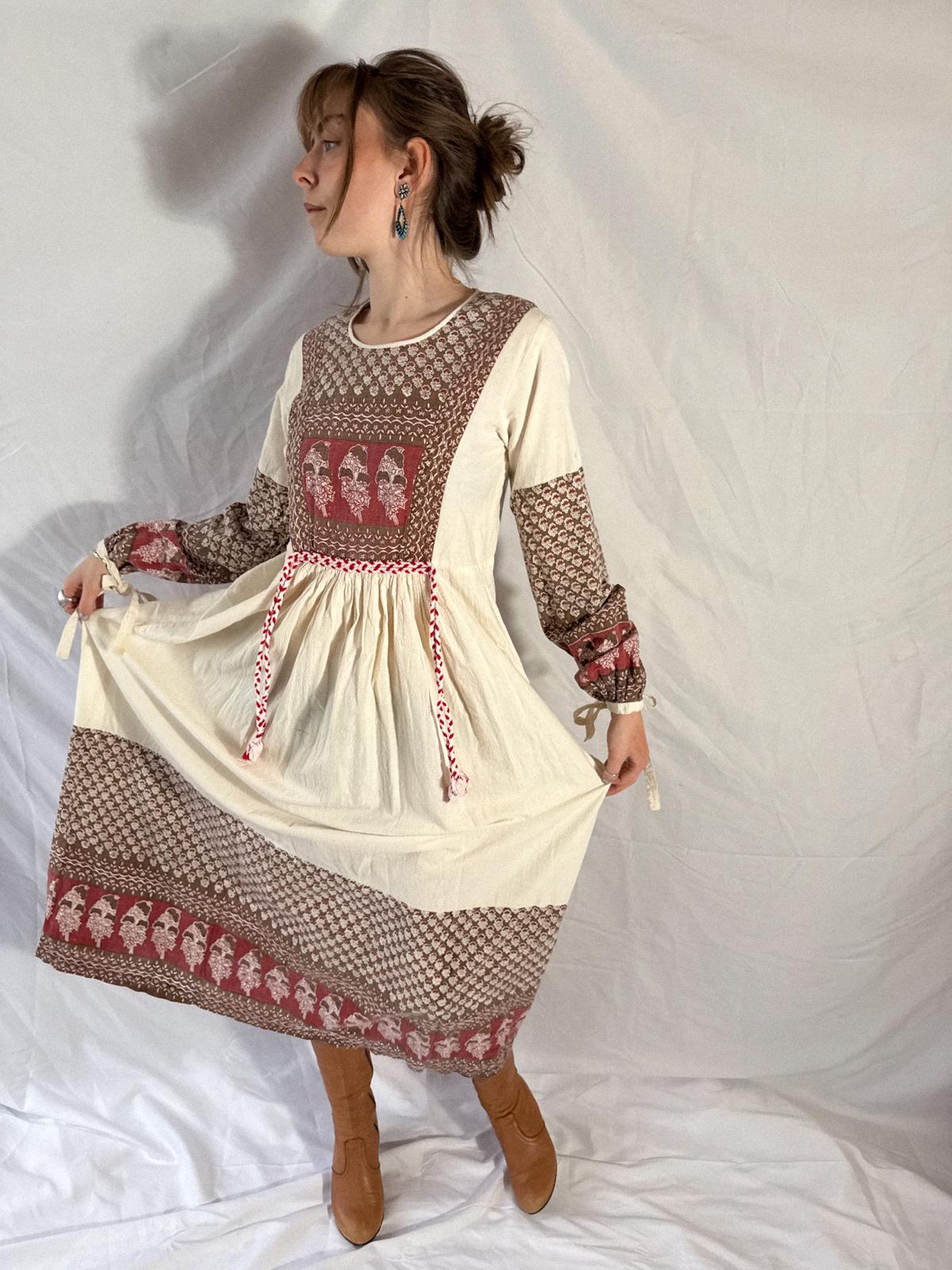 1970s Thick Cotton Blockprint Panel Dress in Cream