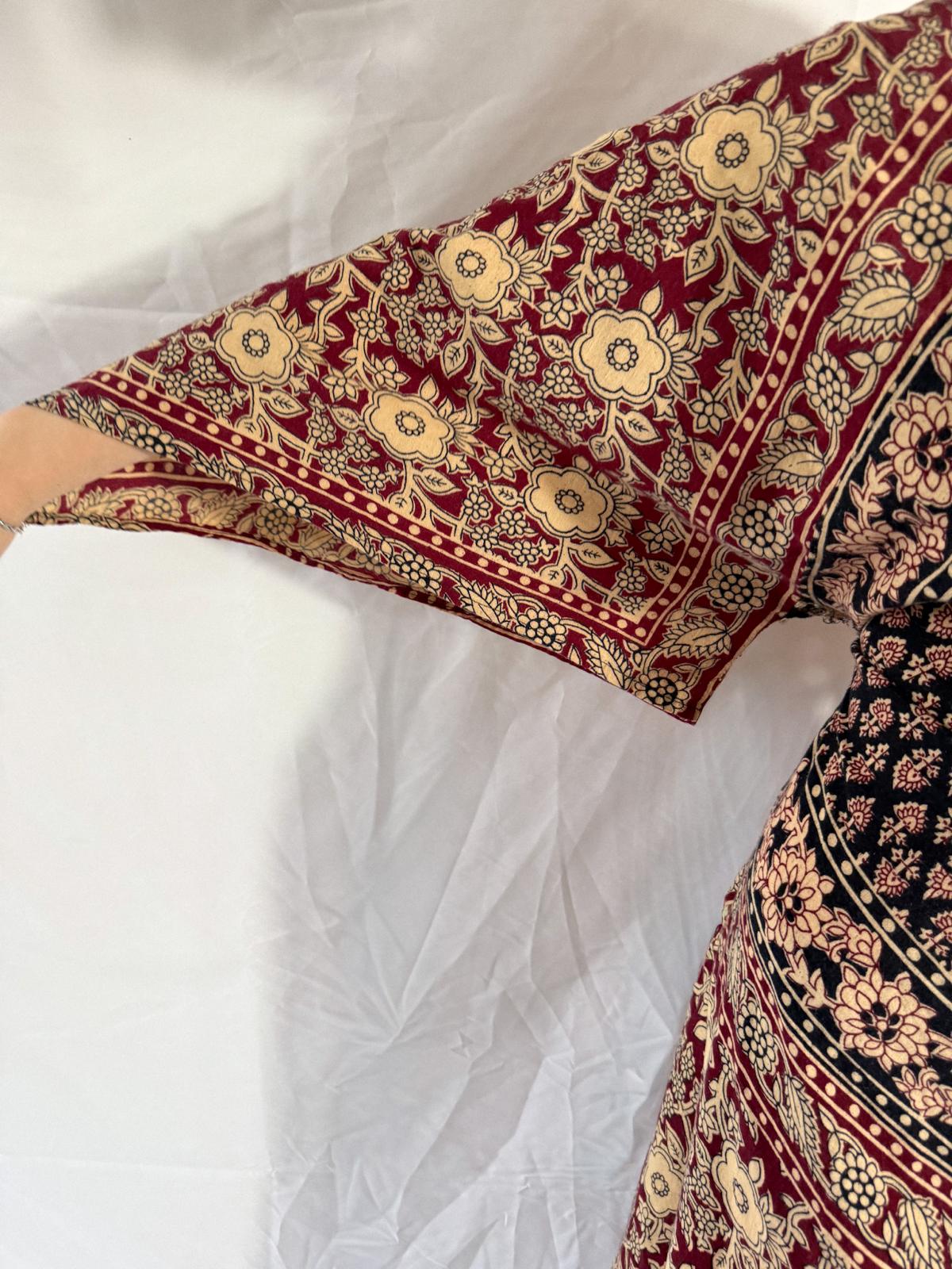 1970s Kaiser Indian Block Print Cotton Maxi Kaftan Dress