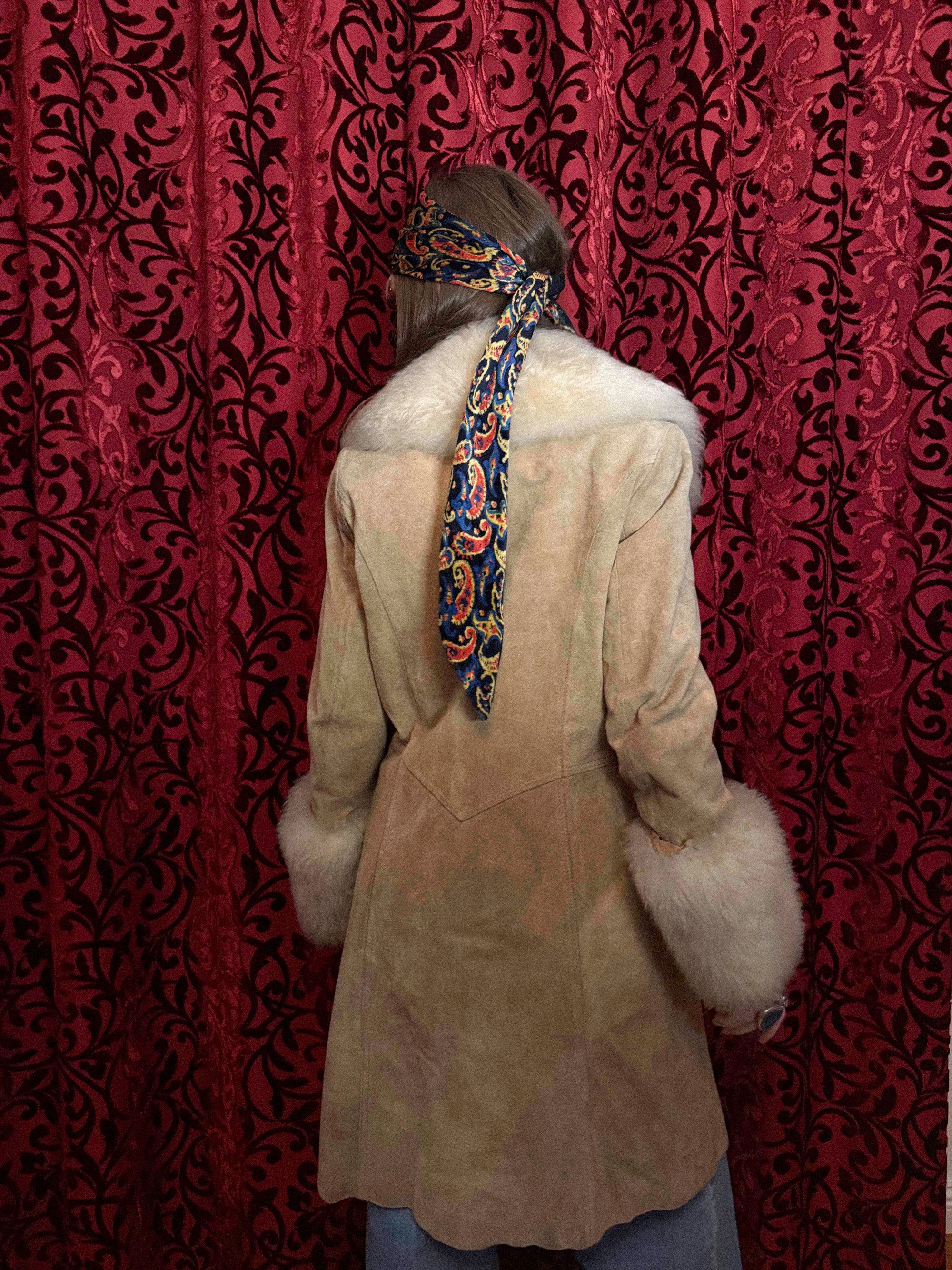 1970s Beige/Tan Suede Penny Lane Coat- Double-Breasted with Fur Collar and Cuffs