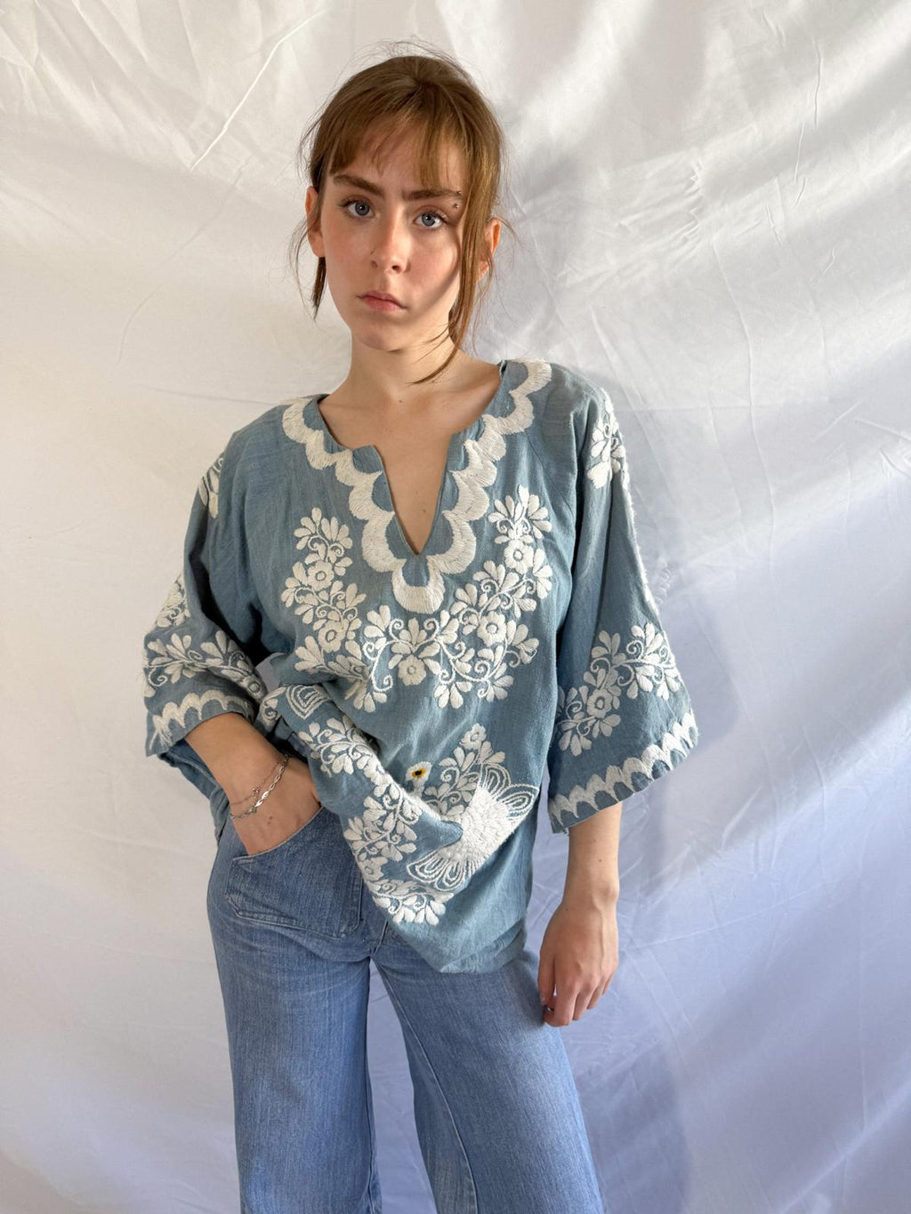 1970s Embroidered Chambray Mexican Tunic Top