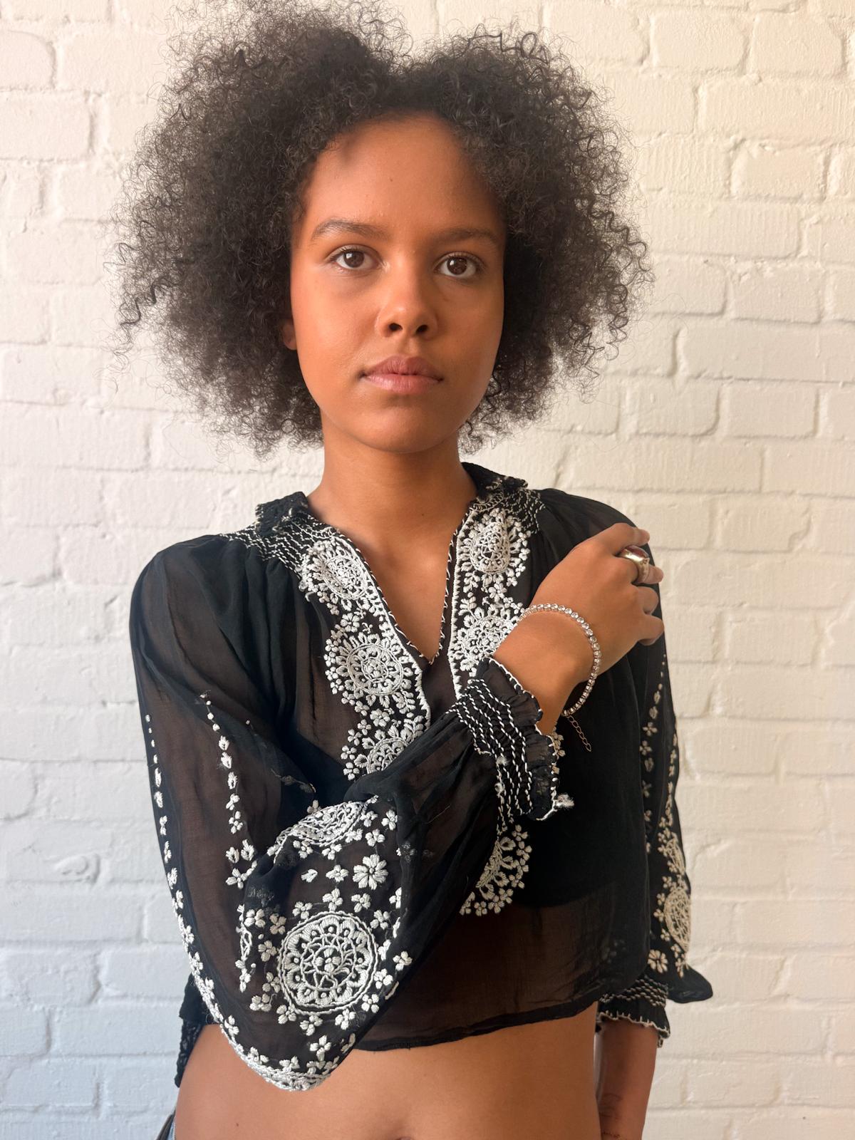 1920s–30s Eastern European Black Cotton Batiste Embroidered Folk Blouse