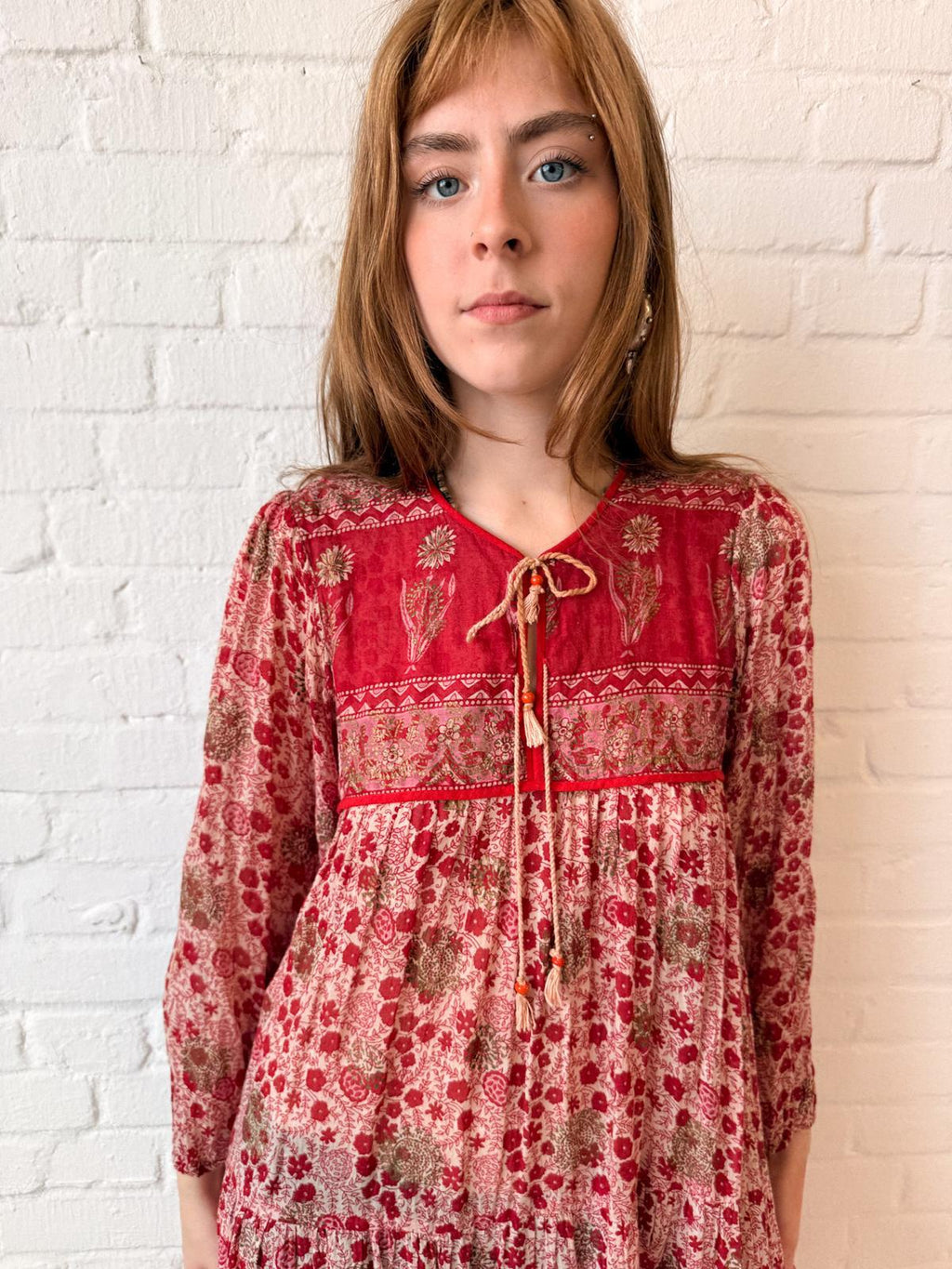1970s Indian Cotton Gauze Floral Maxi Dress with Gold Stamping