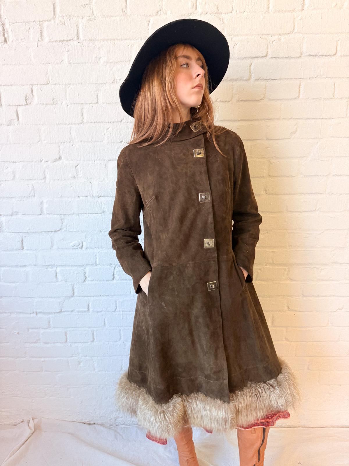 1970s Brown Suede Penny Lane Princess Coat with Statement Metal Fastenings