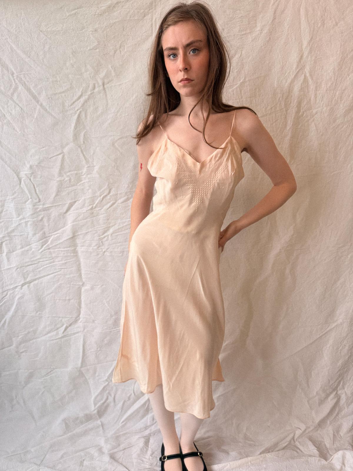 1930s Peach Silk Bias Cut Slip Dress with Art Deco Fagoting Detail