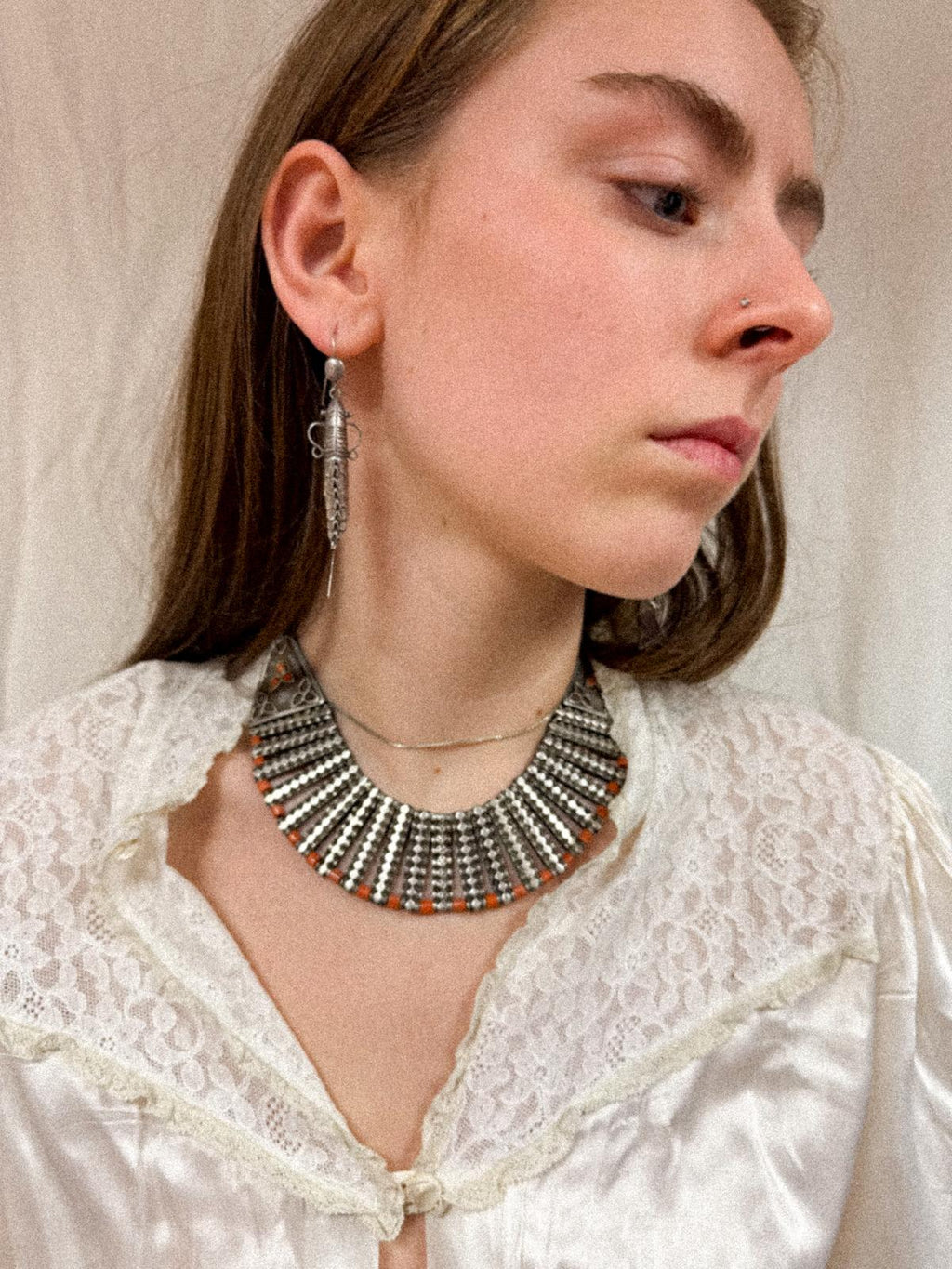 Vintage 1970s Tribal .900 Silver Fan Necklace with Red Glass Beads — India