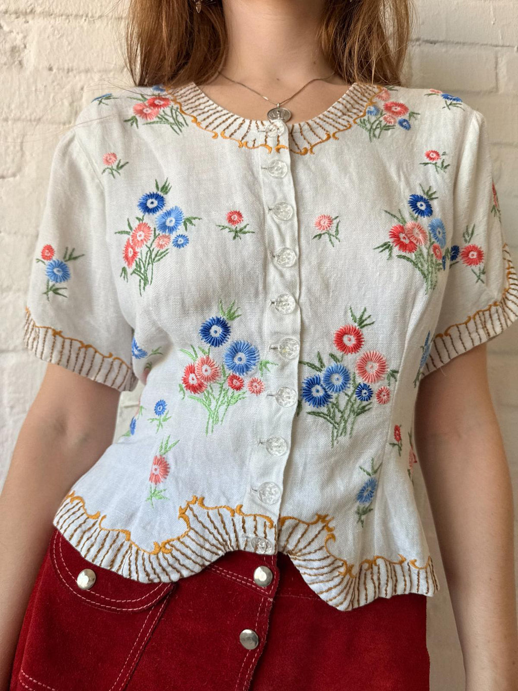 1940s–50s Embroidered Cotton Folk Trachten Blouse
