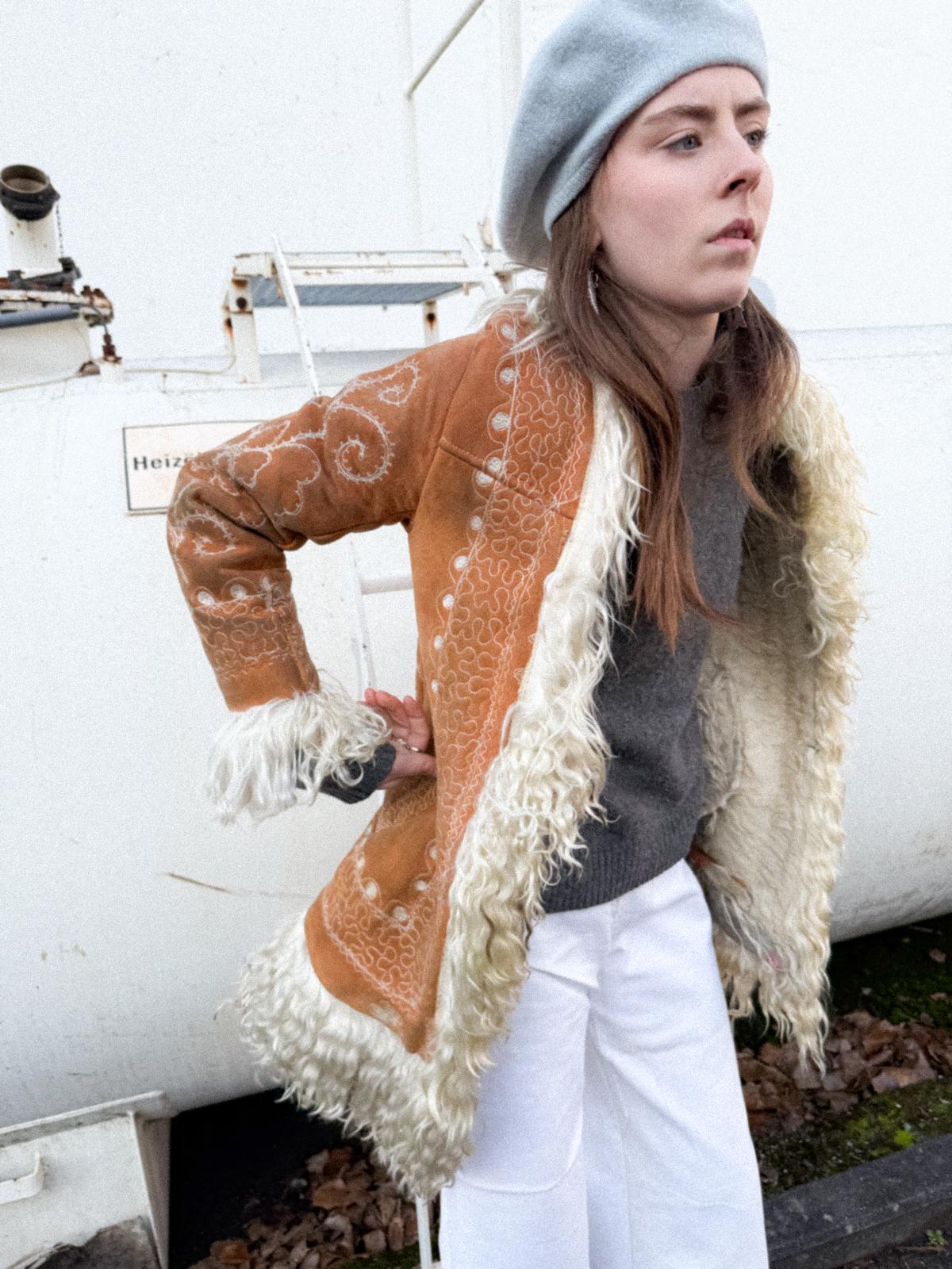 Rare 1960s/70s Afghan Penny Lane Sheepskin Hippie Coat with Floral Embroidery