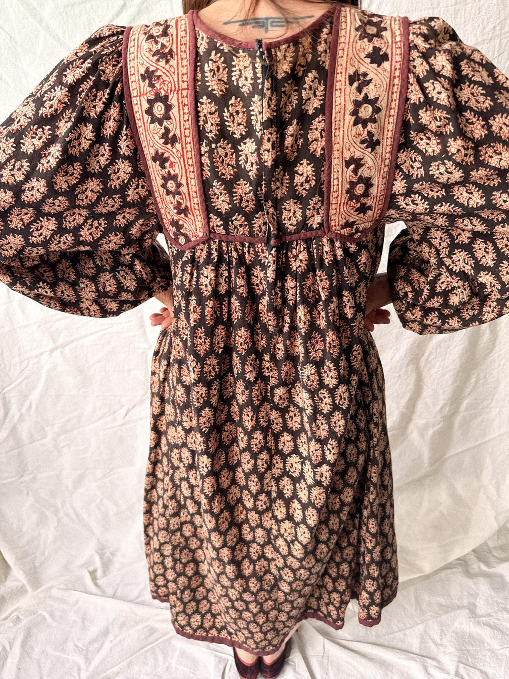 1970s Phool Hand Block Printed Cotton Midi Dress