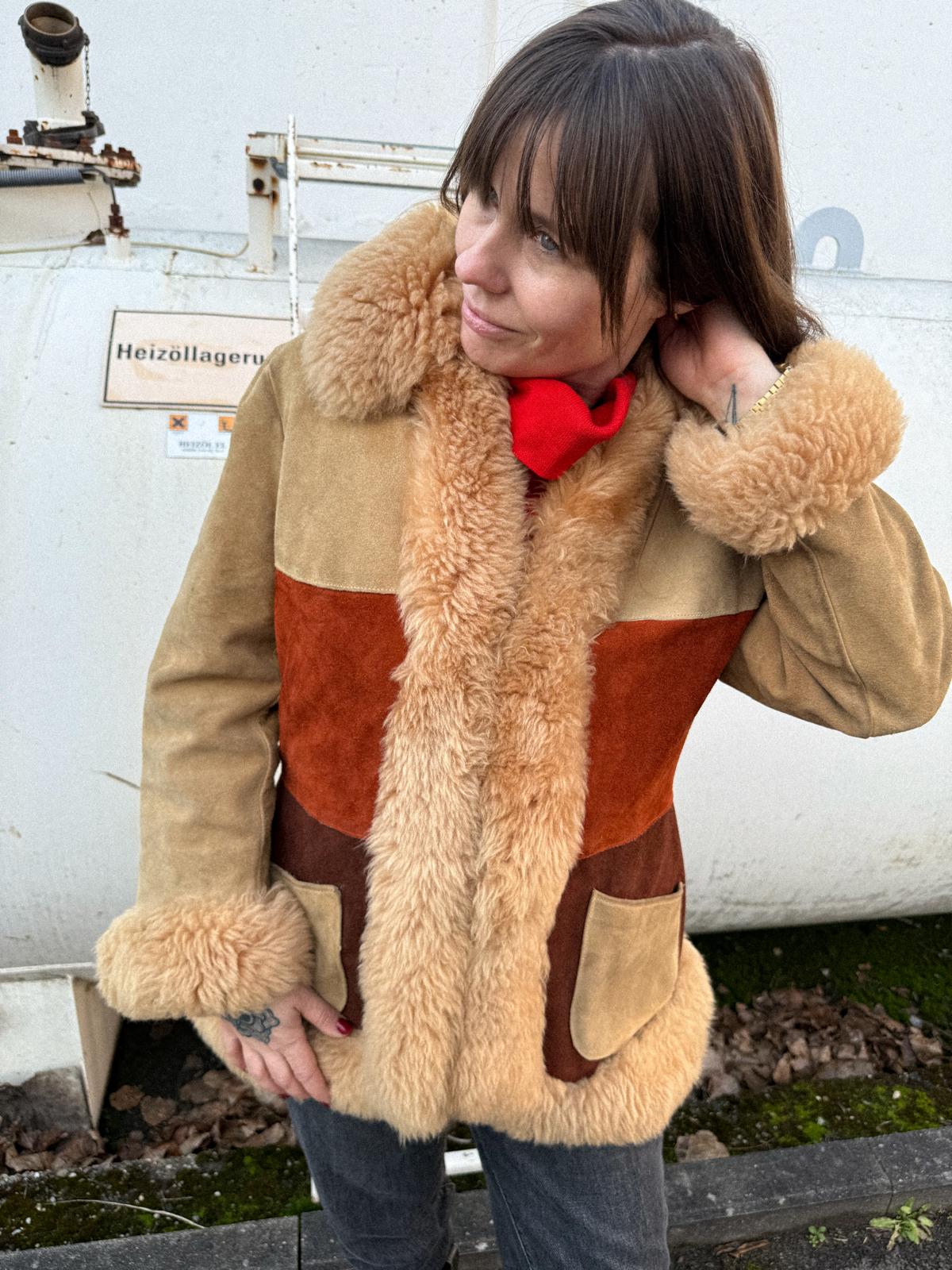 Rare 1970s Penny Lane Sheepskin Coat – Three-Colour Suede with Plush Shearling Trim