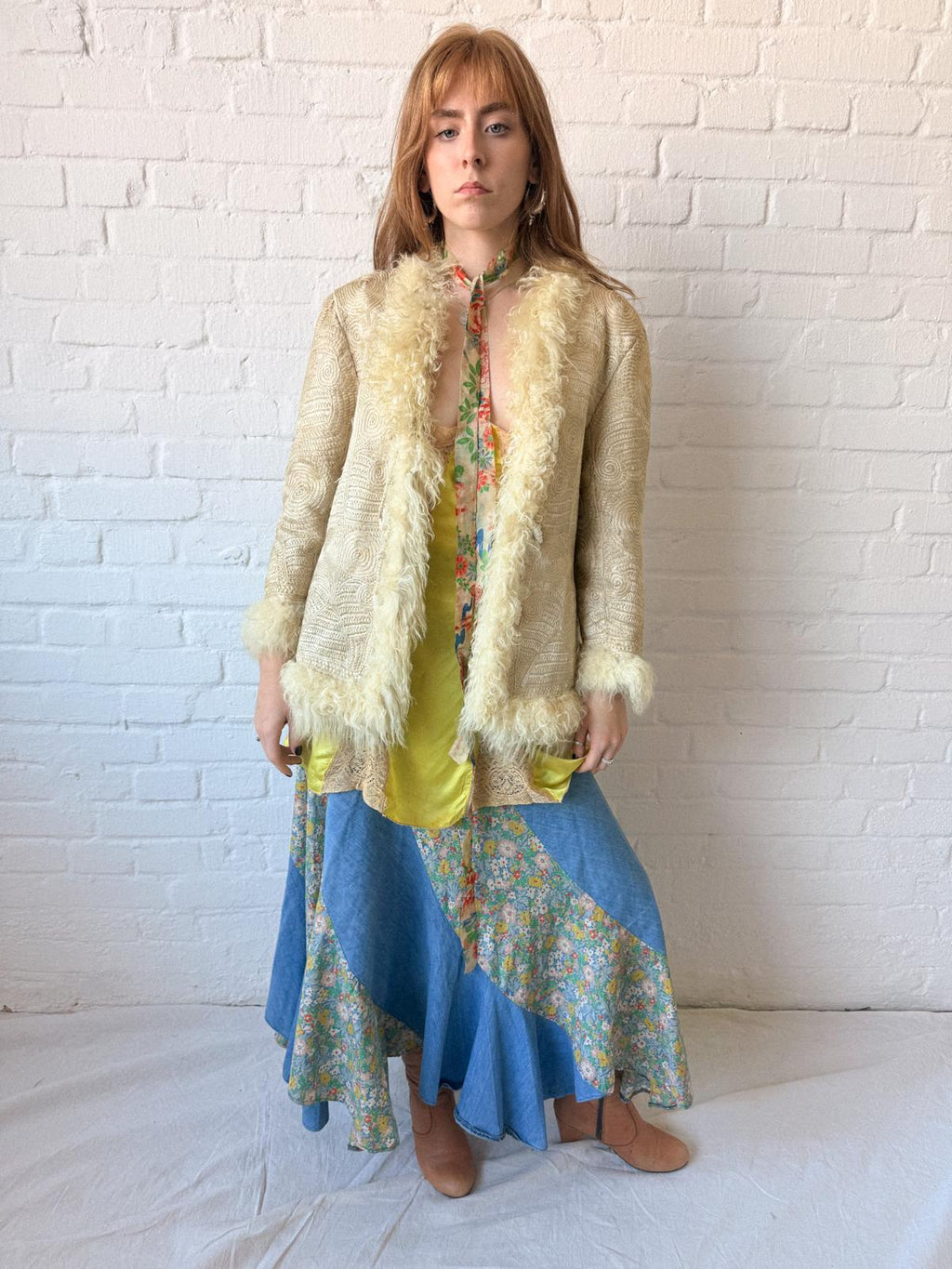 Rare 1960s–70s Fully Embroidered Afghan Style Shearling Jacket – Pearl Cream