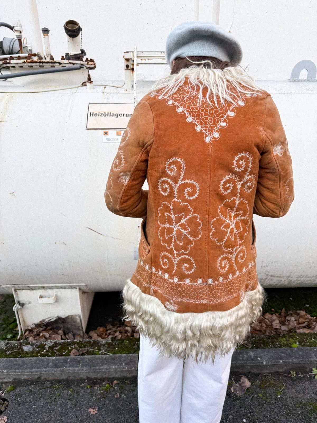 Rare 1960s/70s Afghan Penny Lane Sheepskin Hippie Coat with Floral Embroidery
