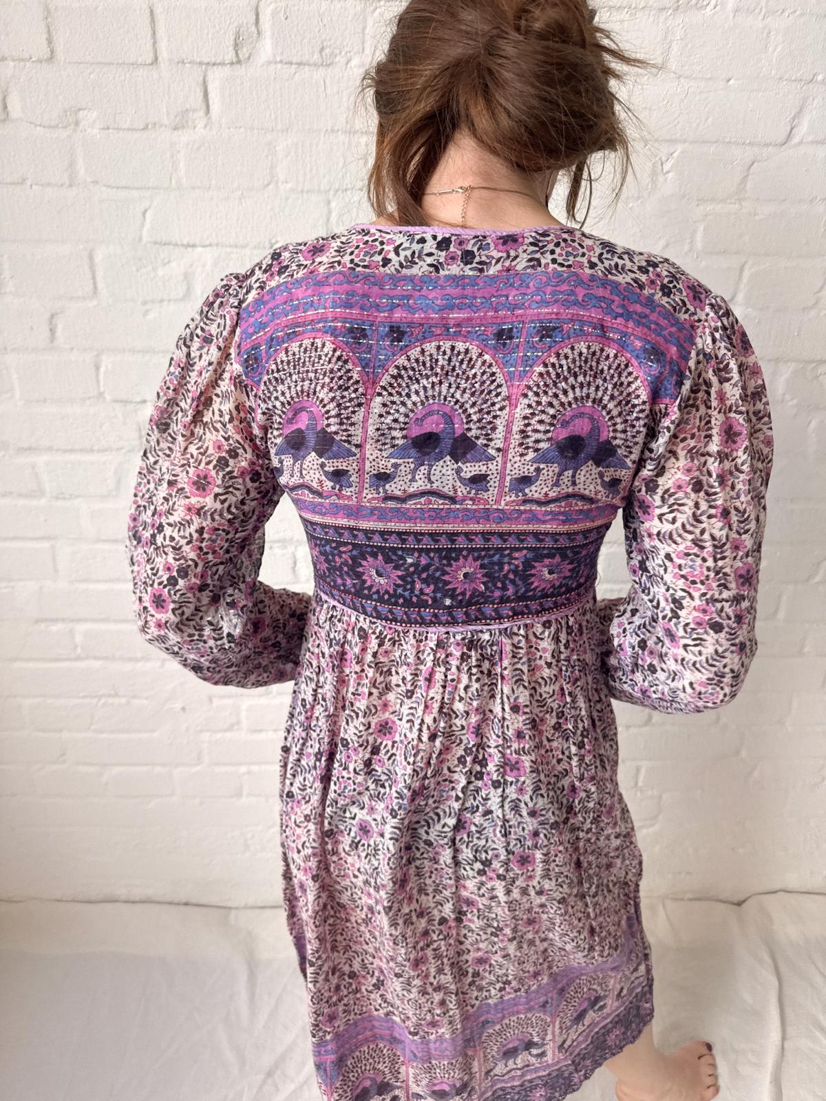 1970s Indian Cotton Gauze and Lurex Peacock Print Dress