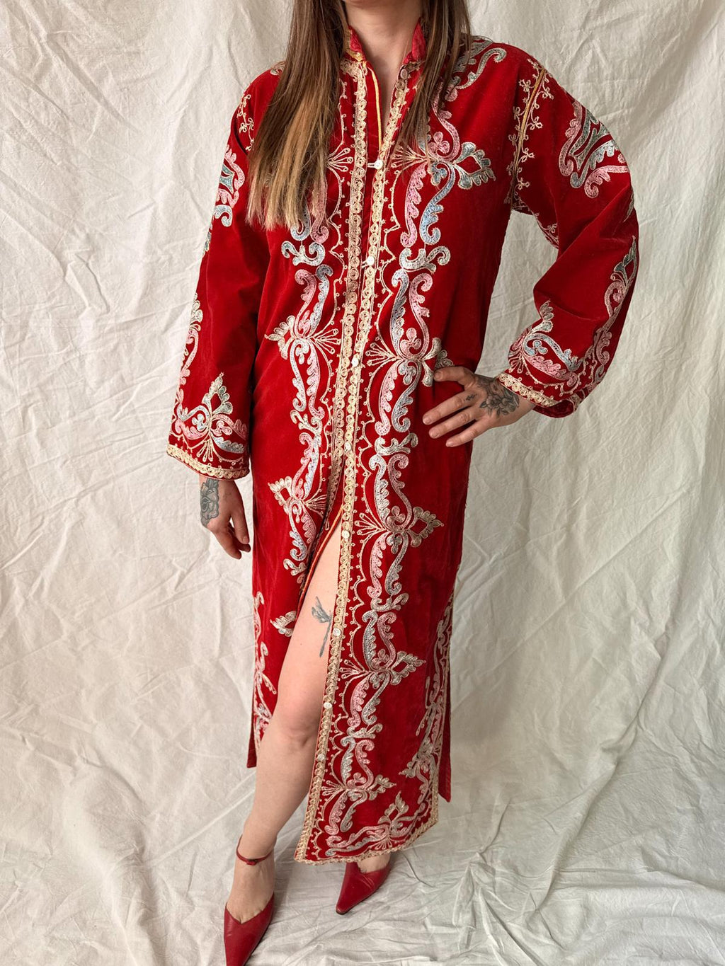 1970s Embellished Red Morroccan Velvet Caftan Coat