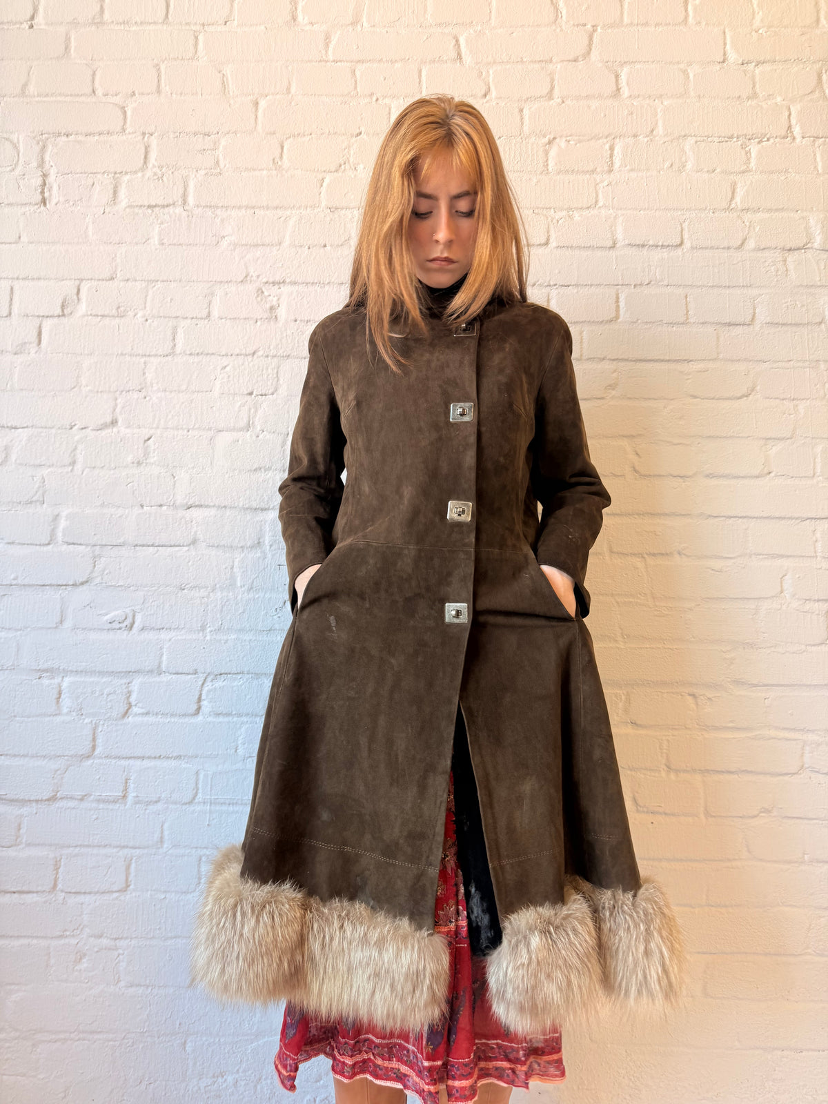 1970s Brown Suede Penny Lane Princess Coat with Statement Metal Fastenings