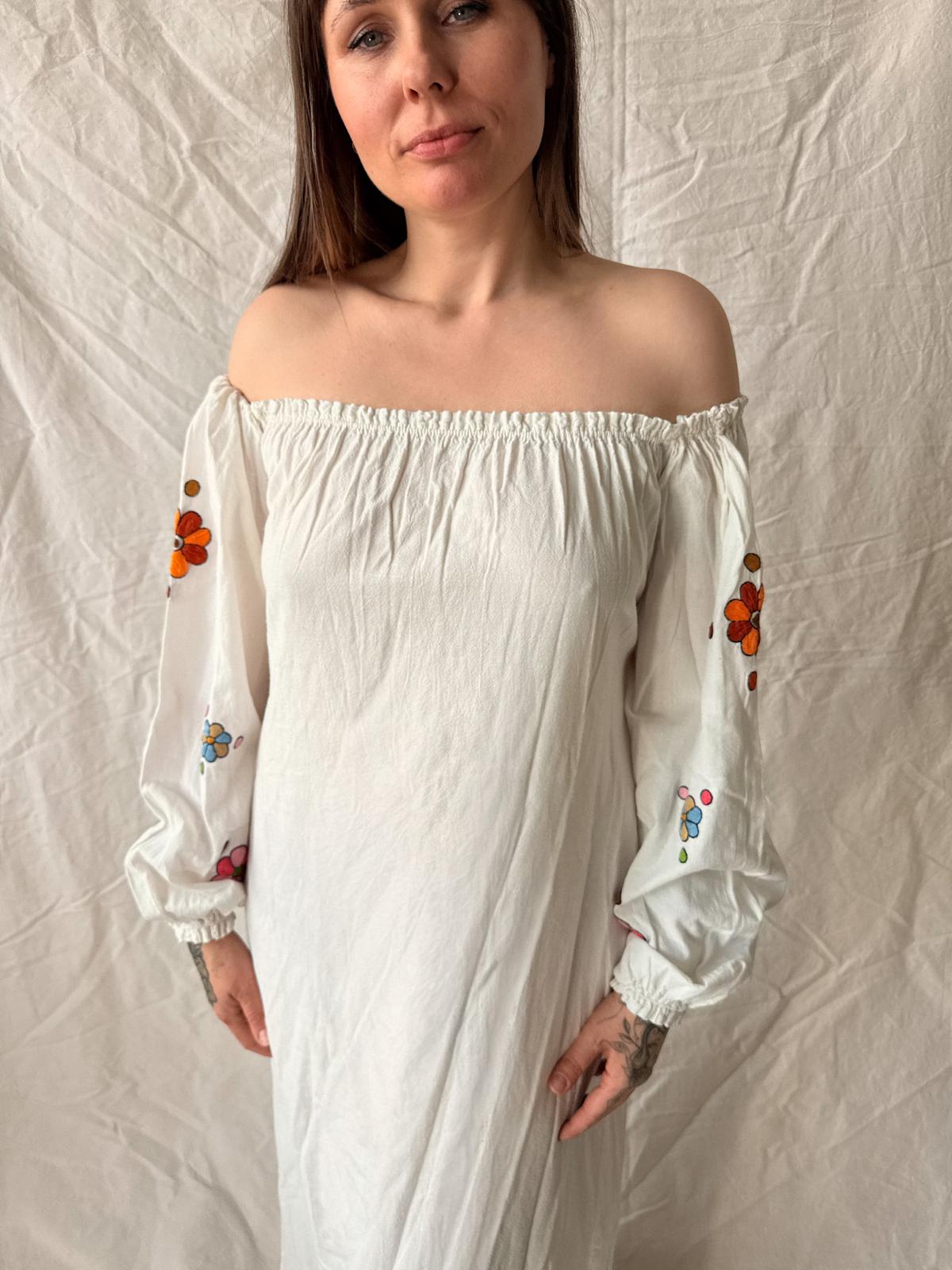 1970s Ecuadorian Embroidered Cotton Peasant Dress, Off Shoulder Prairie Maxi, White Folk Dress
