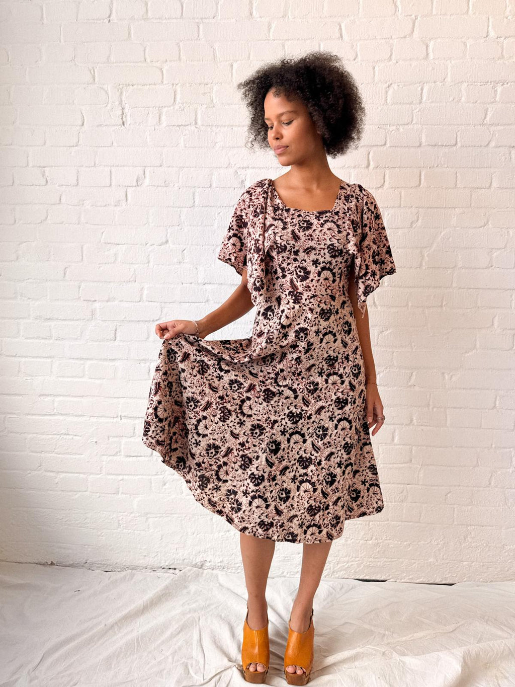 1970s Indian Block Print Cotton Dress with Butterfly Sleeves