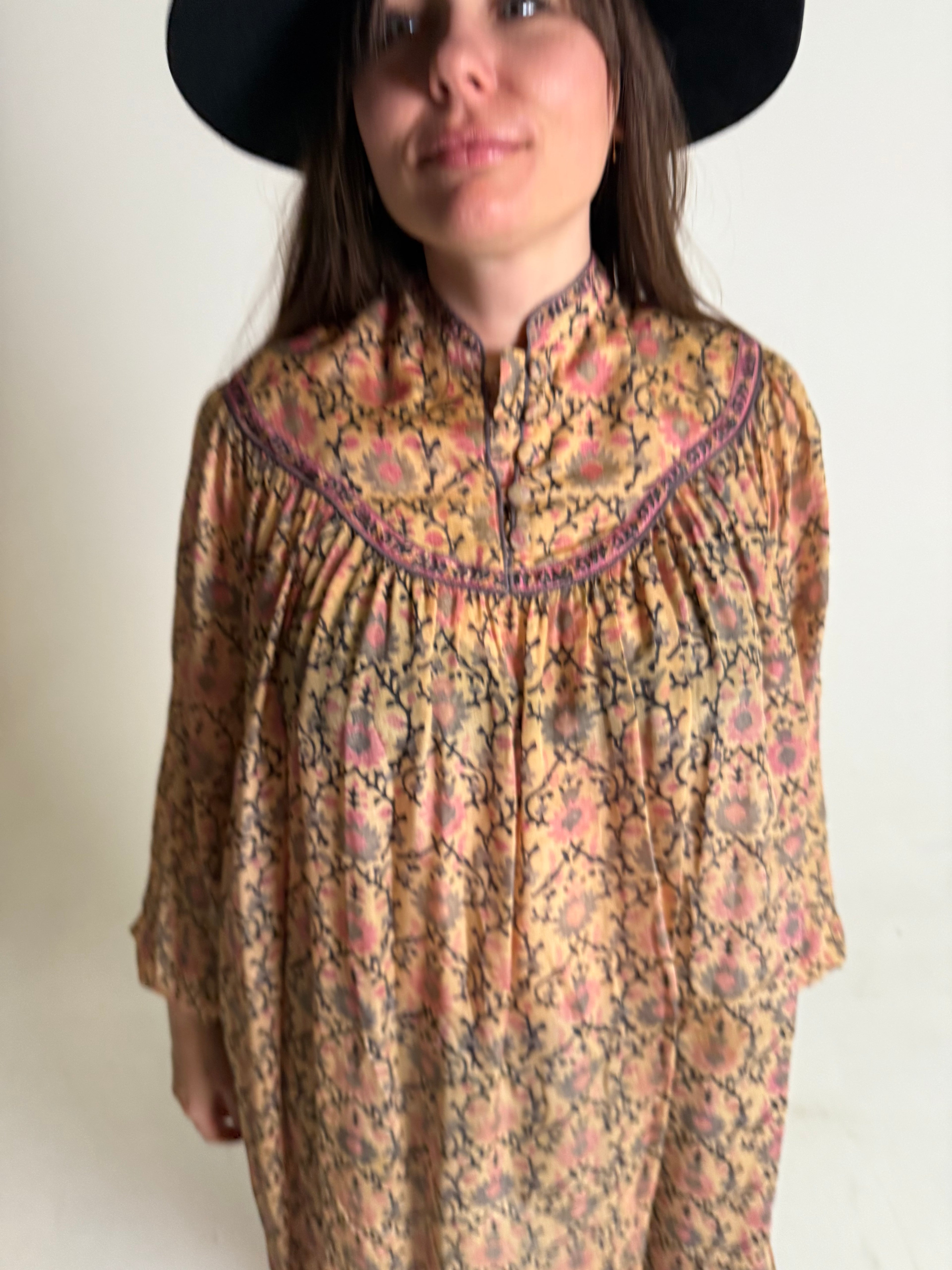 1970s Rare Phool 100% Silk Blockprint Tunic Dress- Free-Size