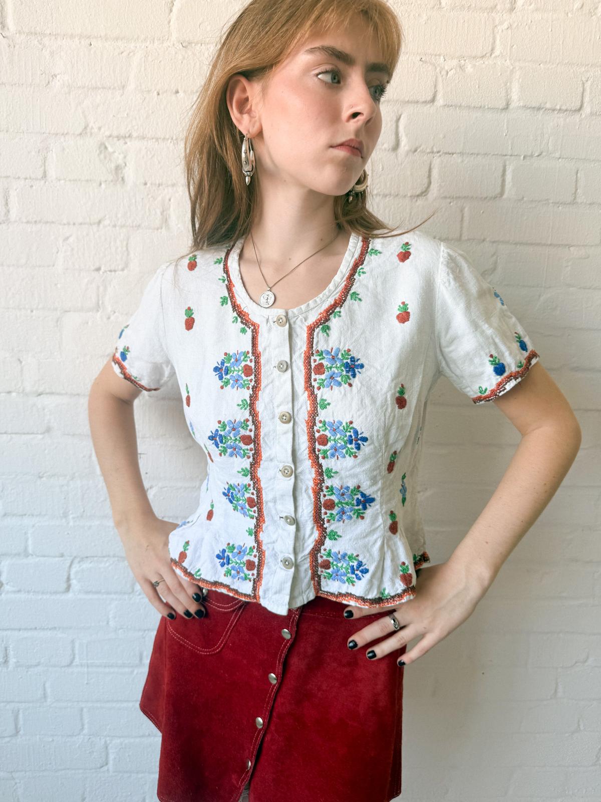 1960s–70s Embroidered Cotton Folk Peplum Blouse