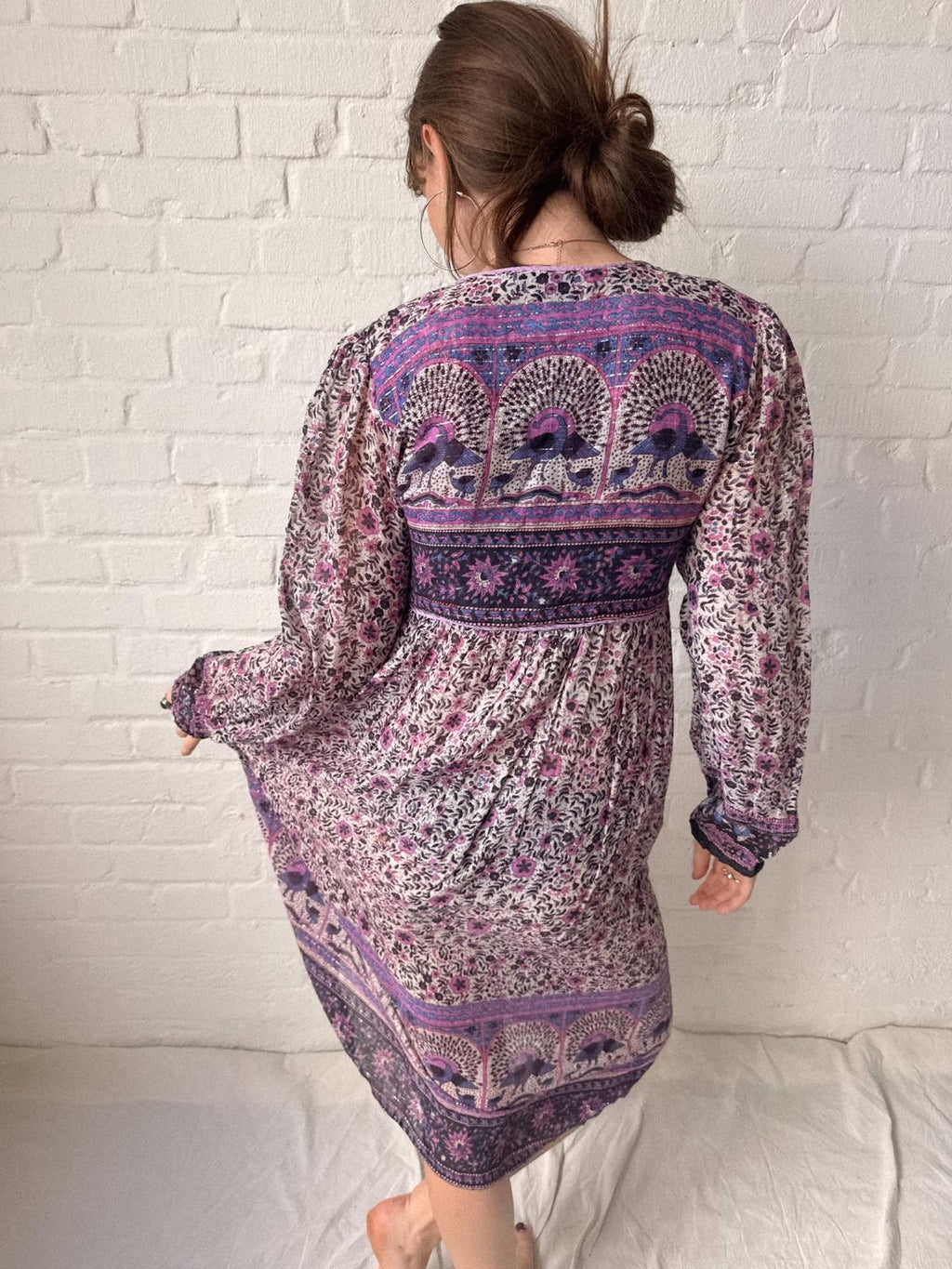 1970s Indian Cotton Gauze and Lurex Peacock Print Dress