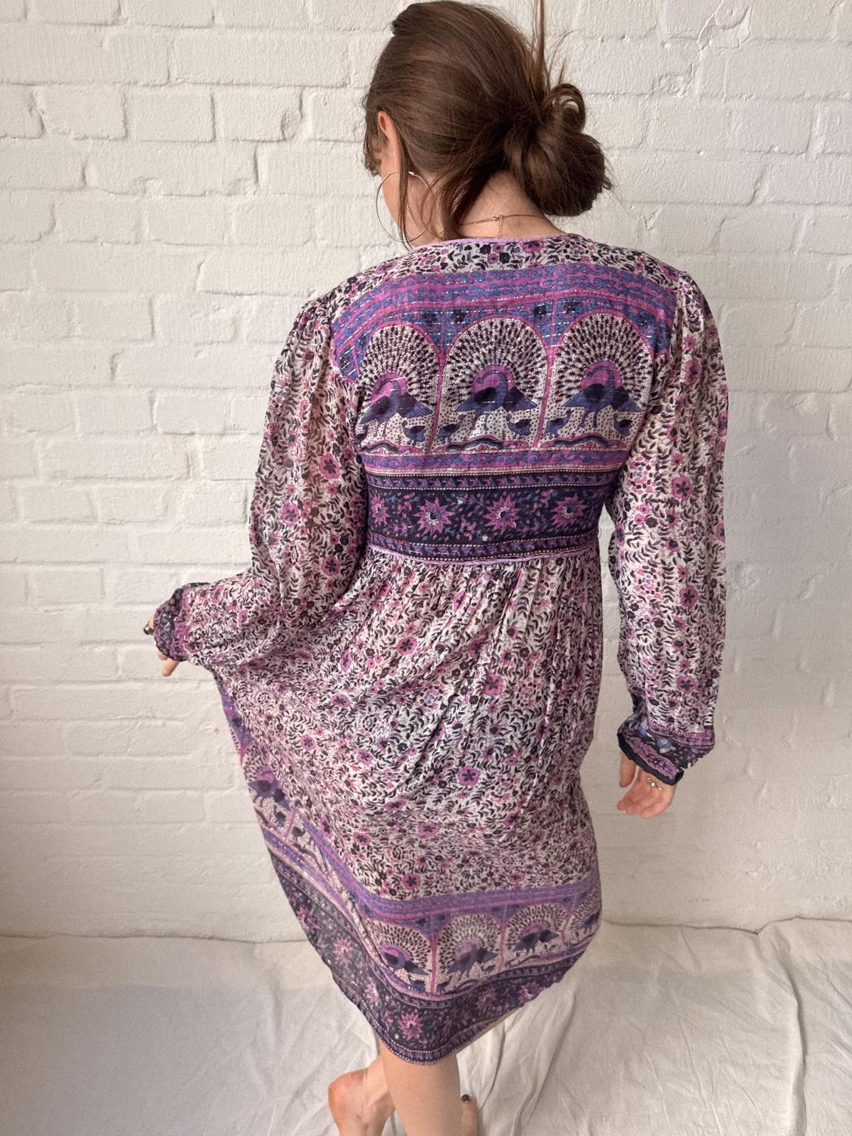 1970s Indian Cotton Gauze and Lurex Peacock Print Dress