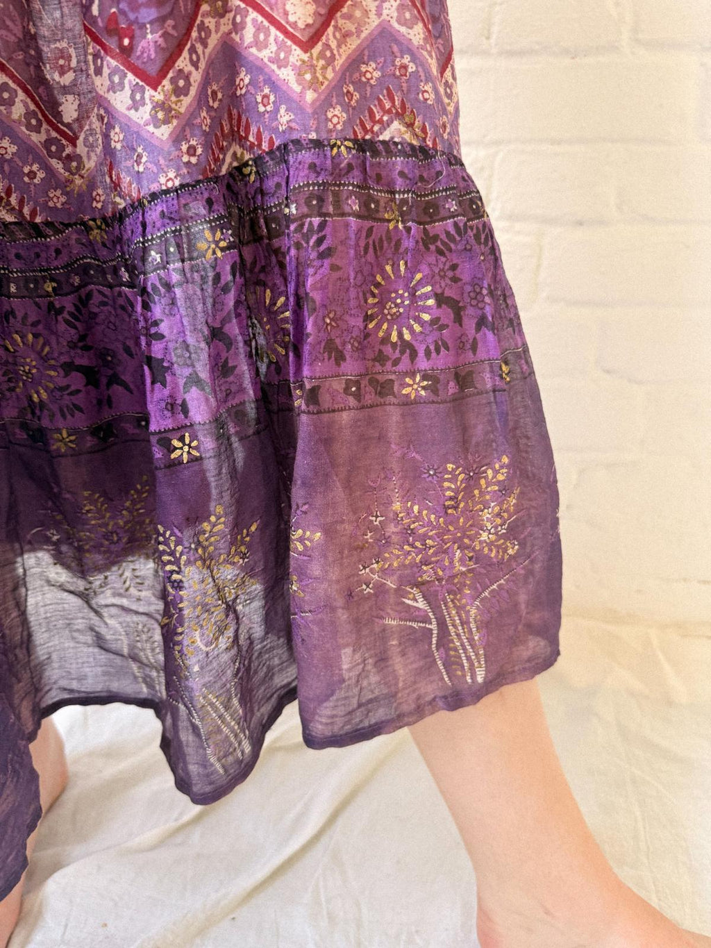 1970s Indian Cotton Gauze Maxi Dress with Tree Print and Gold Stamped Details