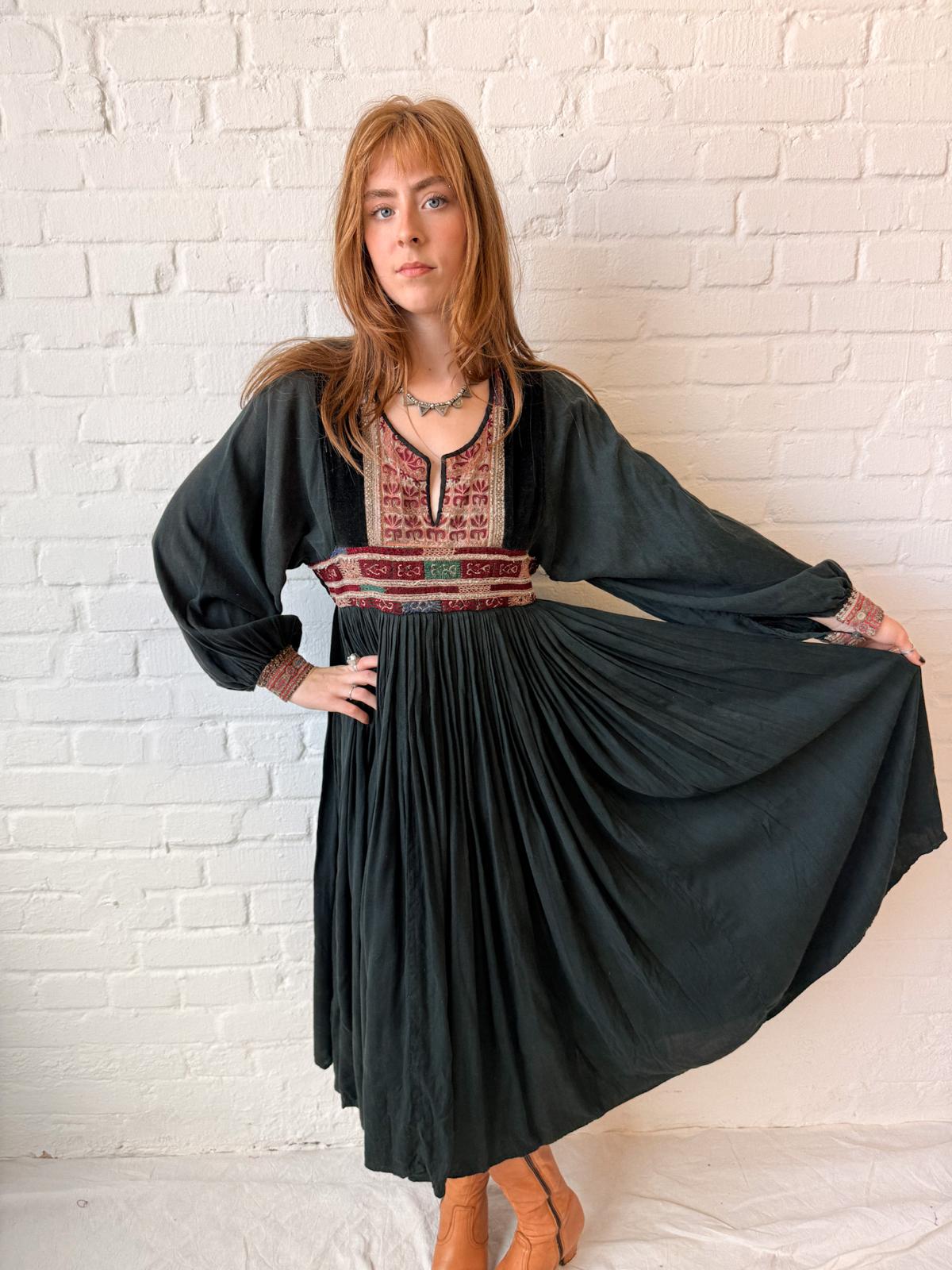 1970s Black Afghan Viscose Dress with Embroidered Velvet Yoke