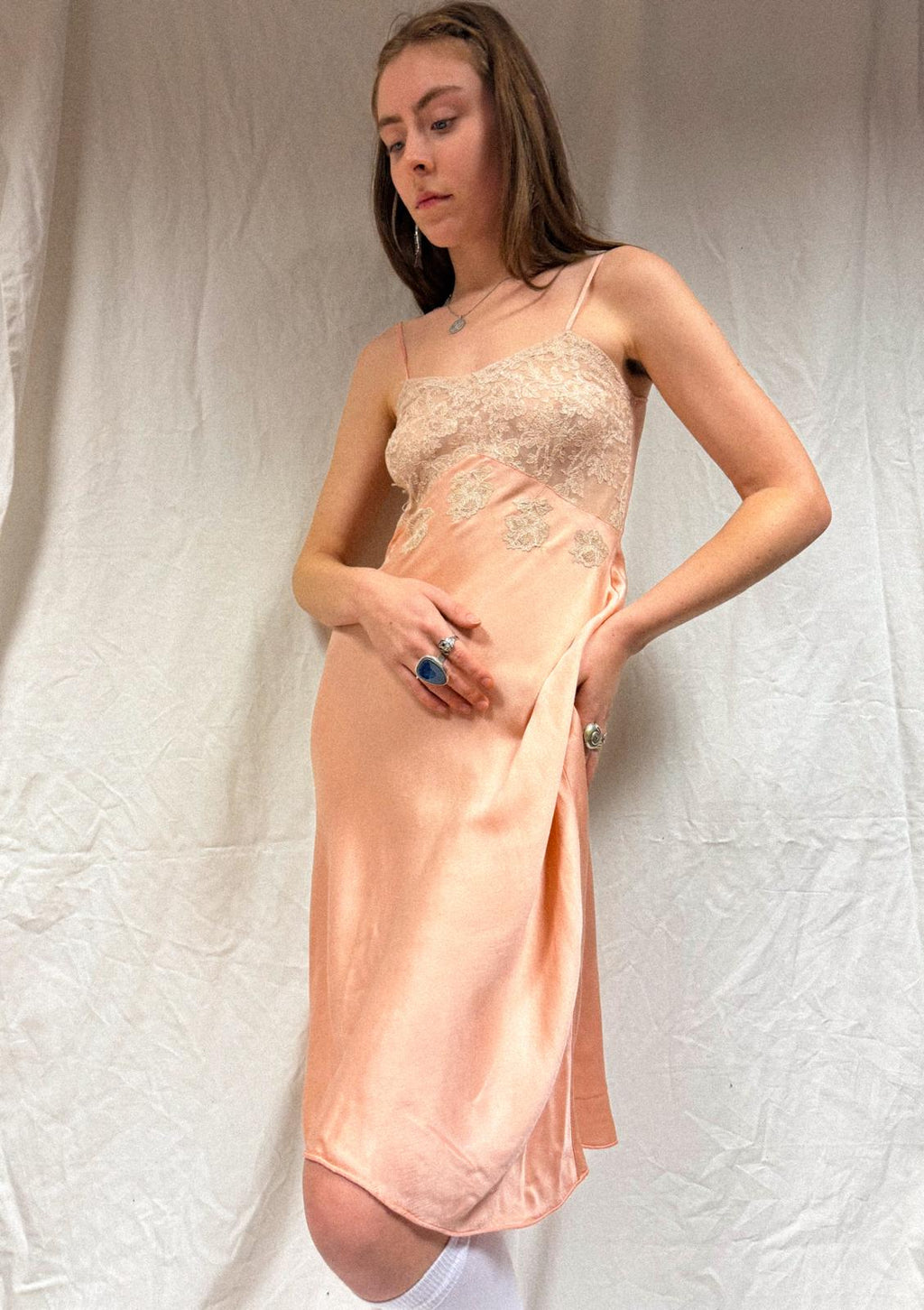 1930s Peach Silk and Lace Slip