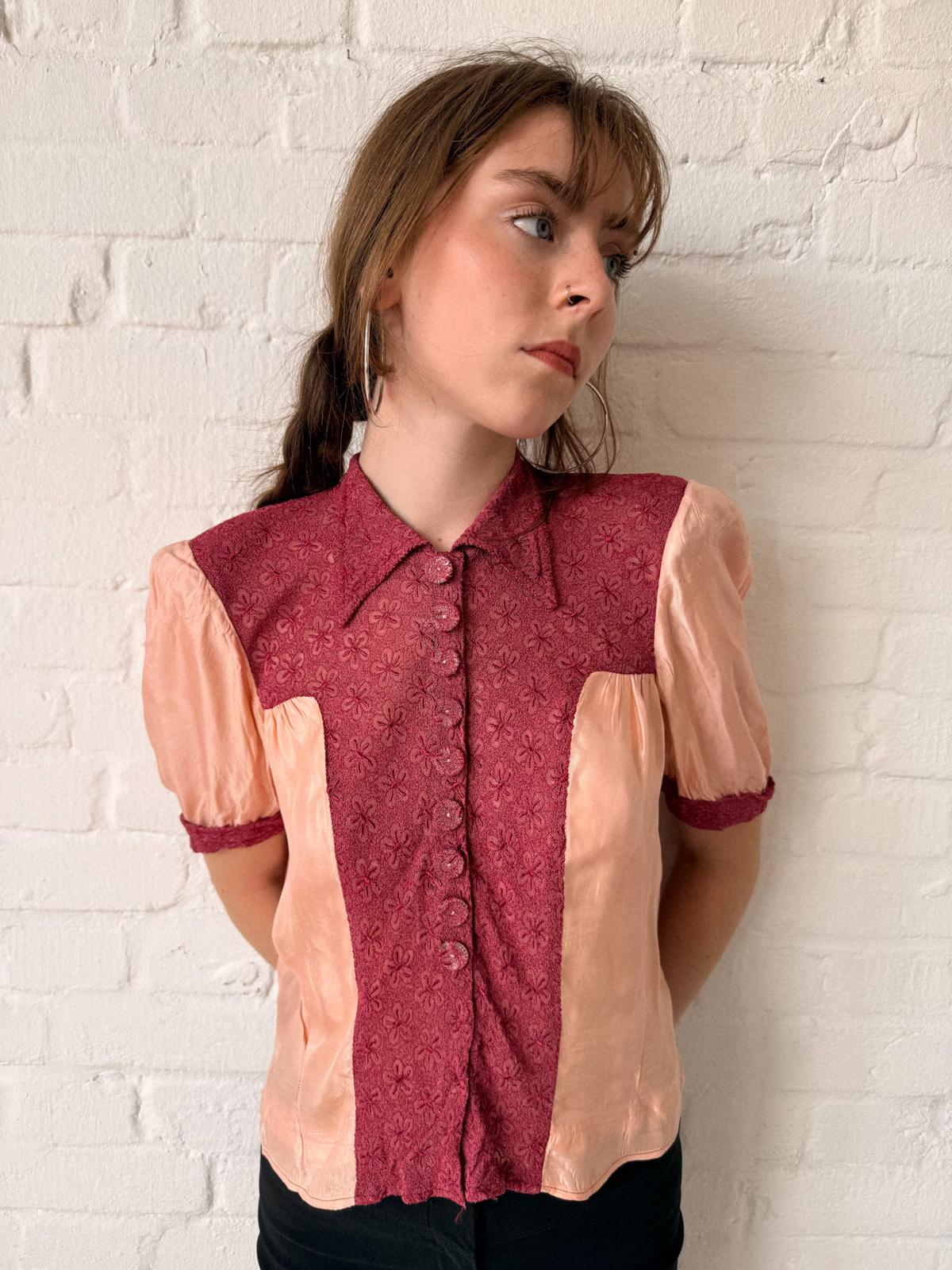 1930s Handmade Peach Satin & Embossed Floral Lace Blouse
