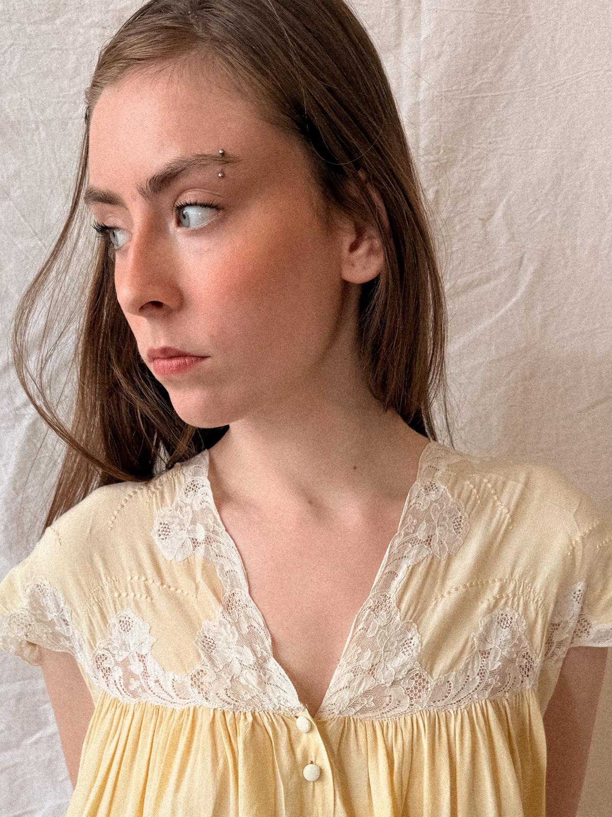 1930s Butter Yellow Silk and Lace Lingerie Dress/ Nightgown