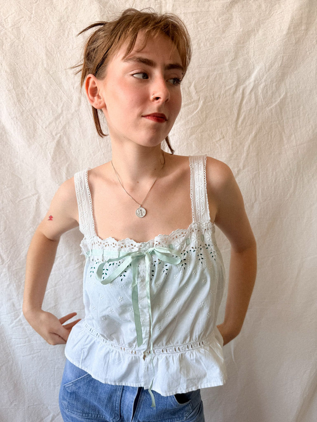 Edwardian Broderie Anglaise CottonnCorset Cover with Ribbon