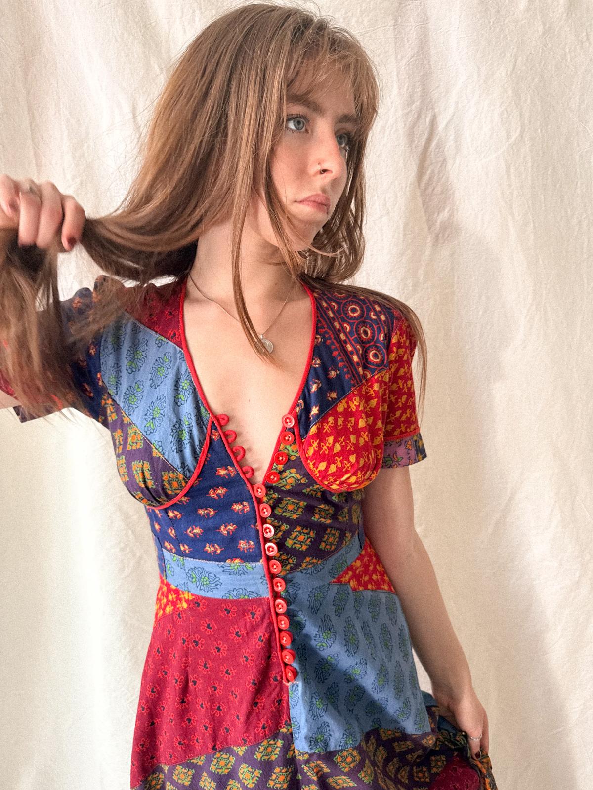 1970s Indian Cotton Patchwork Maxi Dress | Block Print Bohemian Folk Dress