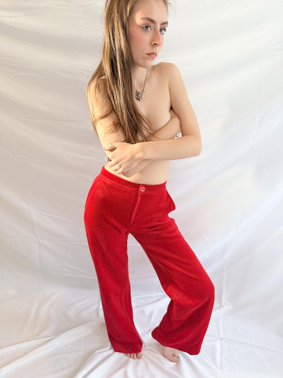 1970s Red Velvet Highwaisted Wide-Leg Trousers