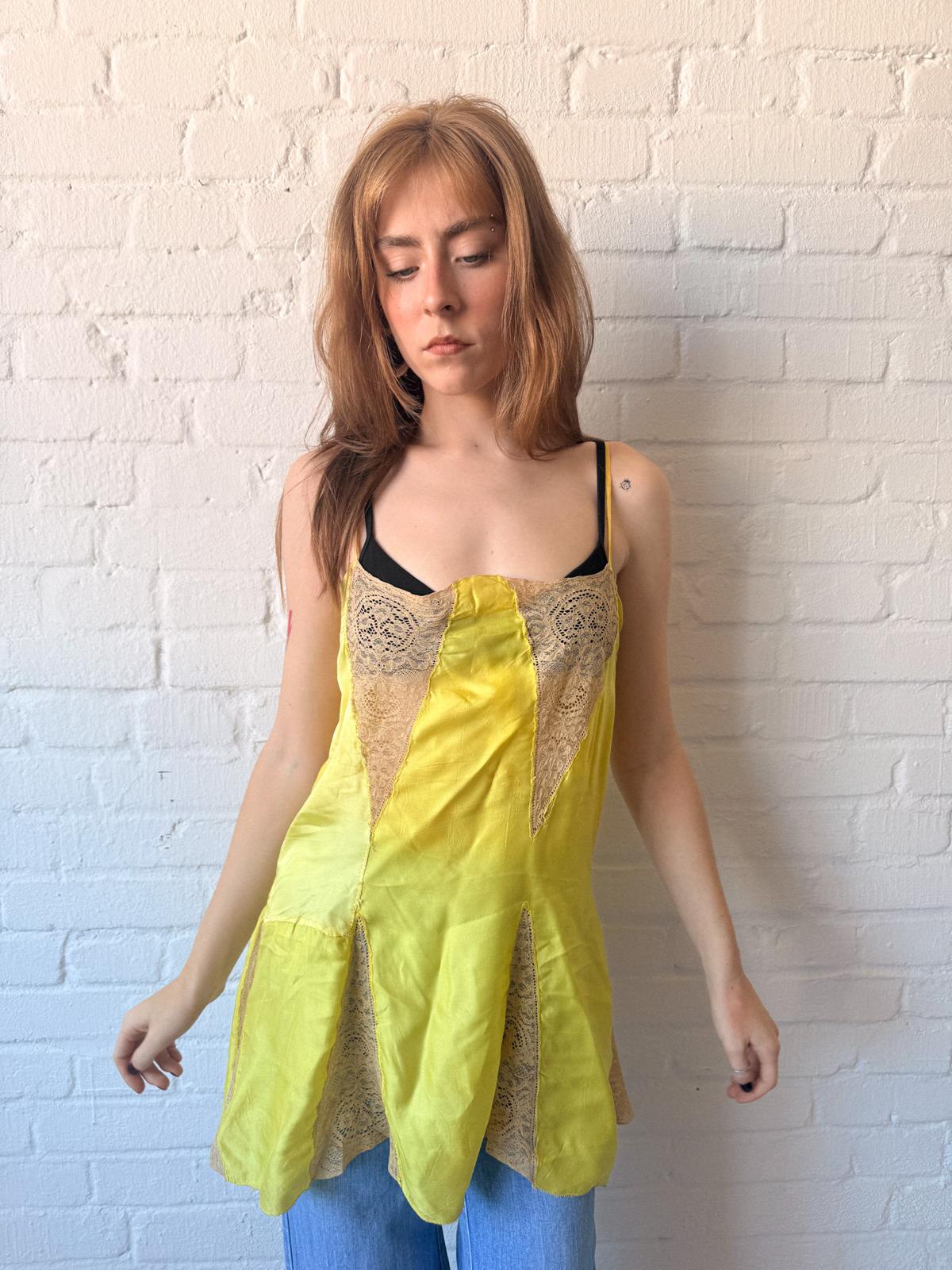 1920s Lemon Yellow Rayon Satin & Lace French Lingerie Slip