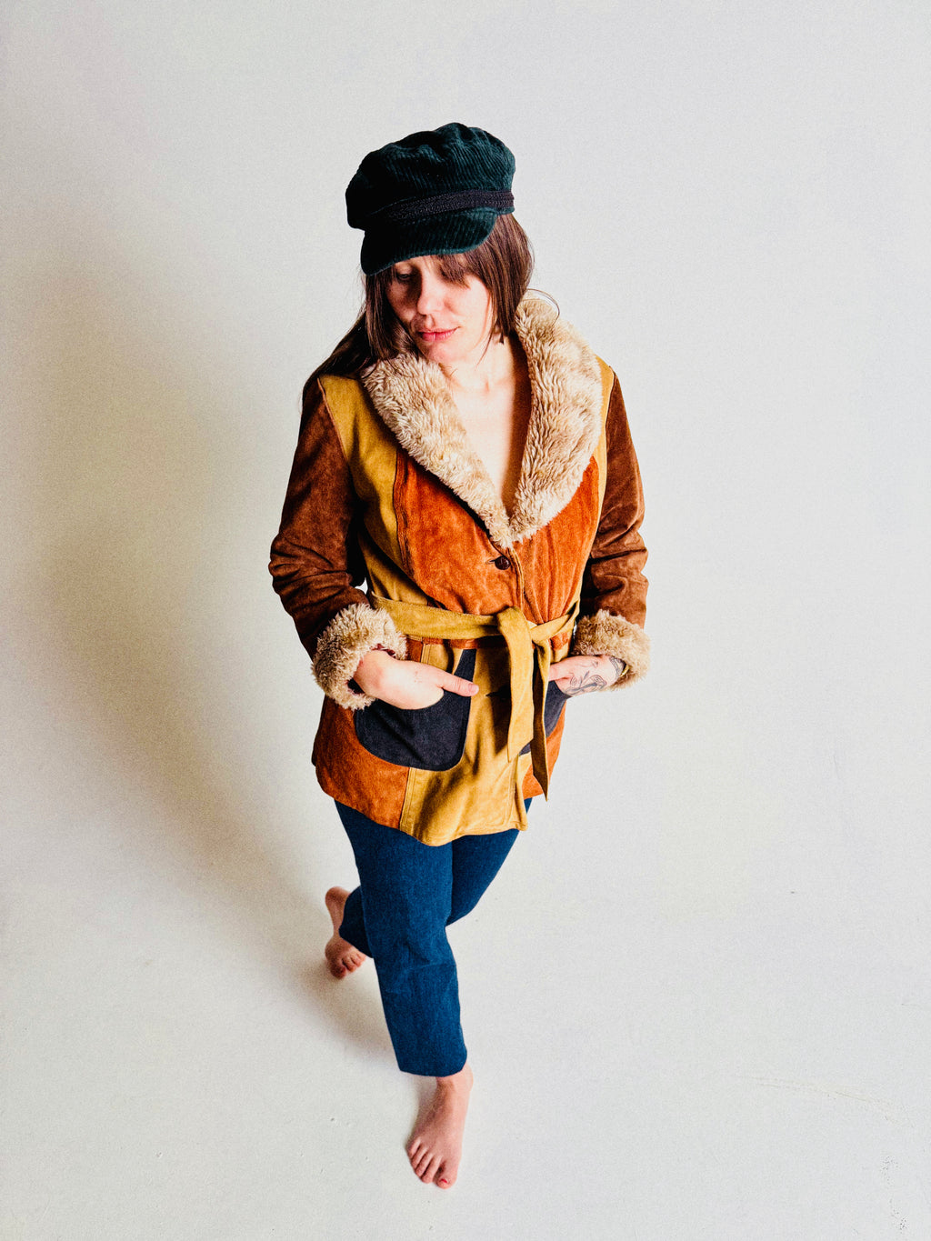 1970s Colourblock Suede and Fake-Fur Belted Jacket