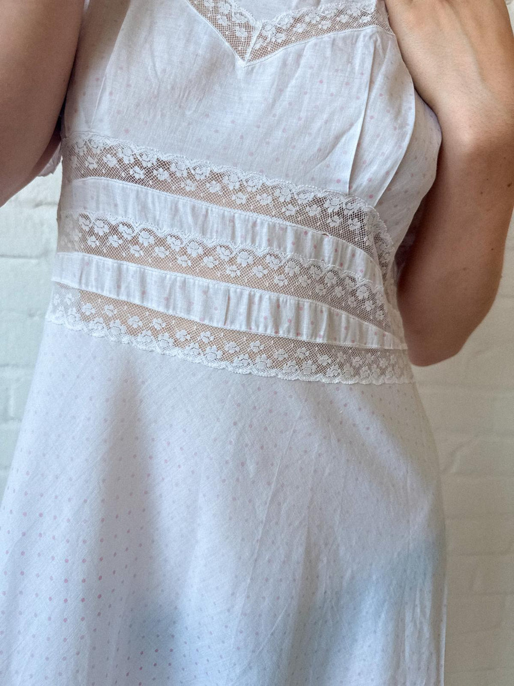1930s White Cotton & Lace Nightdress | Pink Polka Dot Bias-Cut Dress