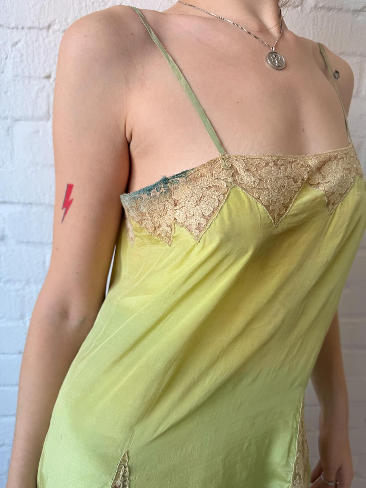 Antique 1920s Chartreuse Silk Lingerie Slip with Lace￼