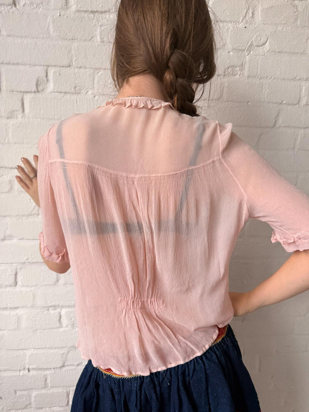 1930s Crinkled Pink Silk Blouse