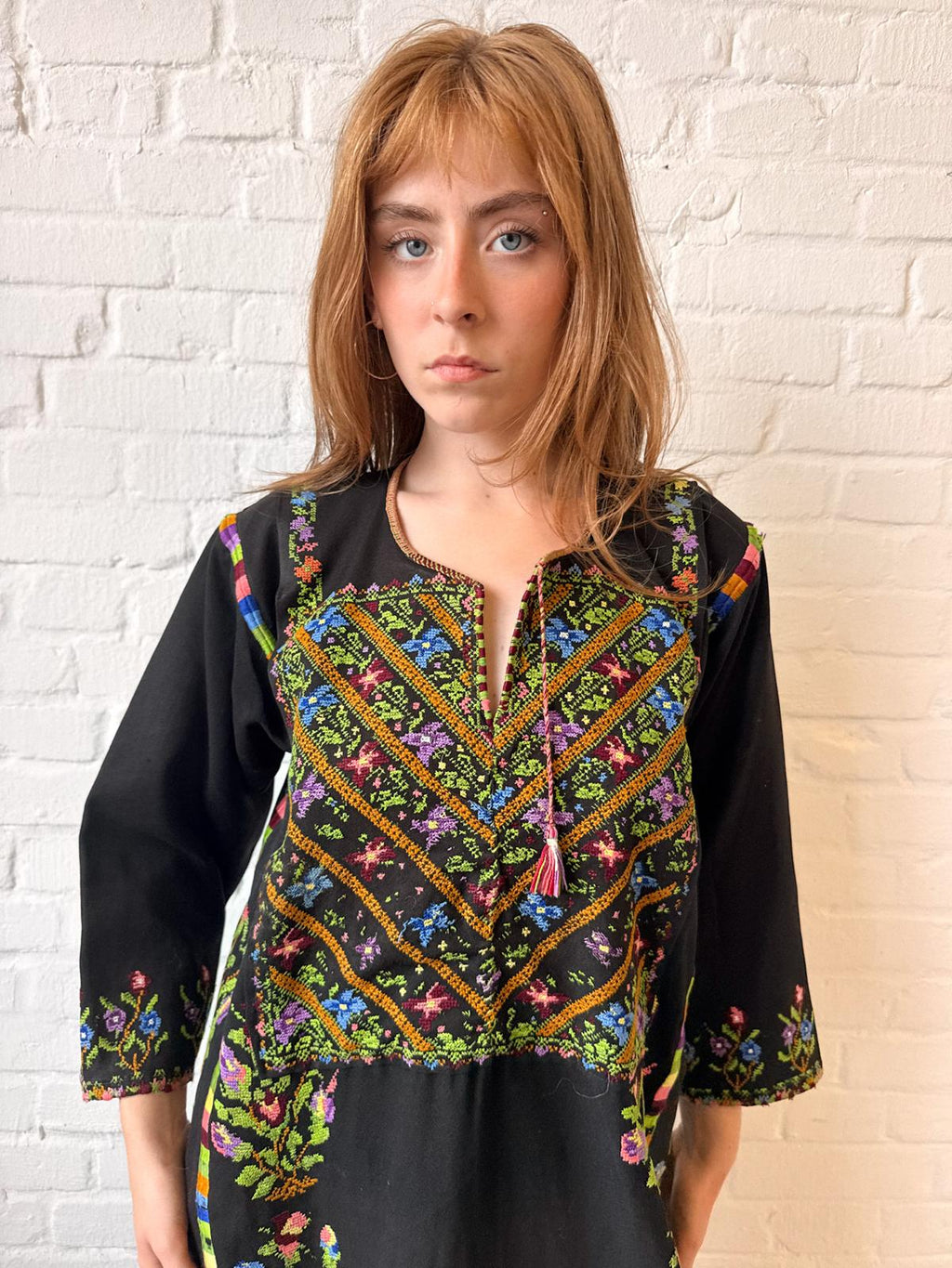 Vintage 1940s–60s Palestinian Embroidered Black Thobe Dress