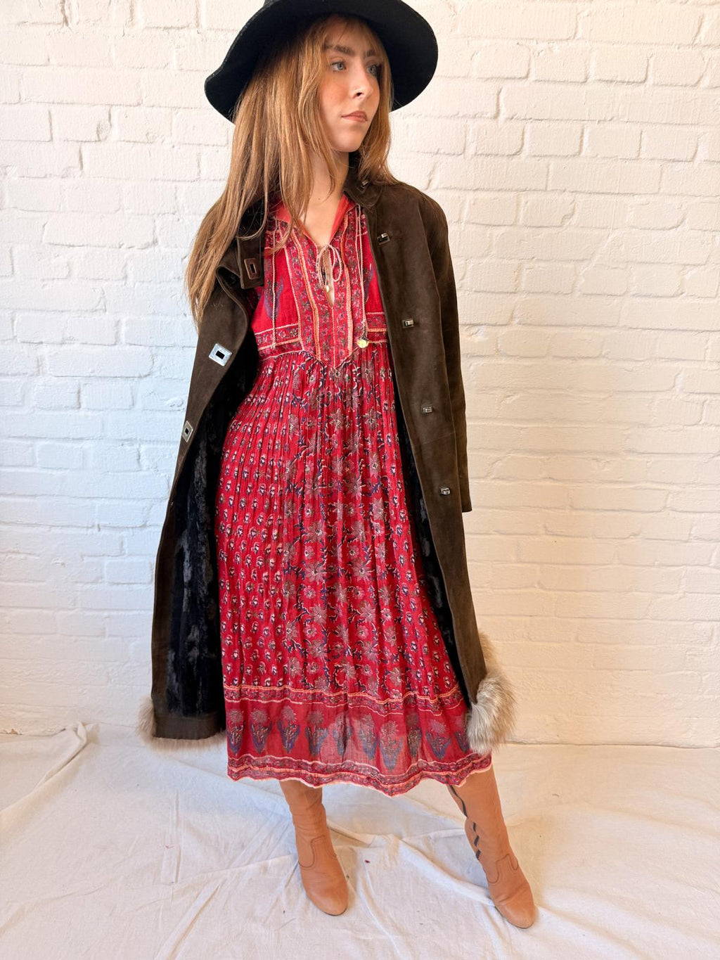 1970s Cotton Gauze Indian Block Print Midi Dress