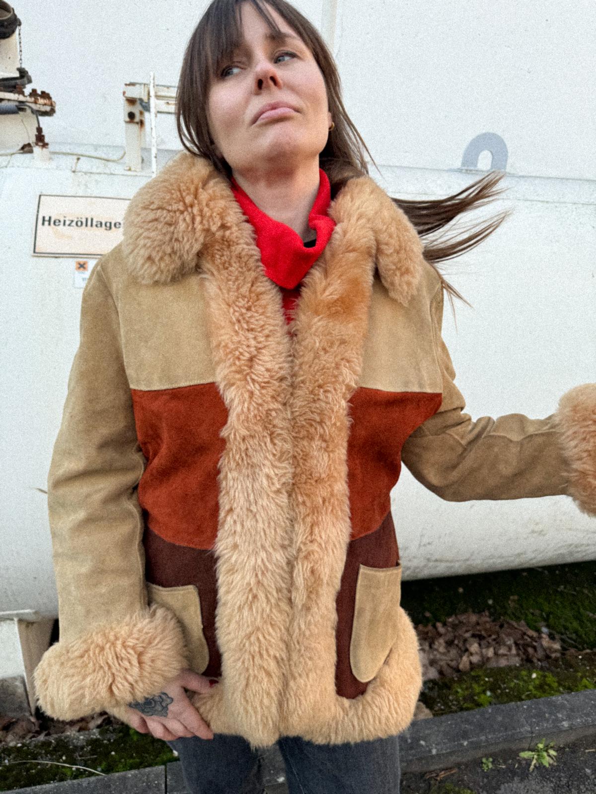 Rare 1970s Penny Lane Sheepskin Coat – Three-Colour Suede with Plush Shearling Trim