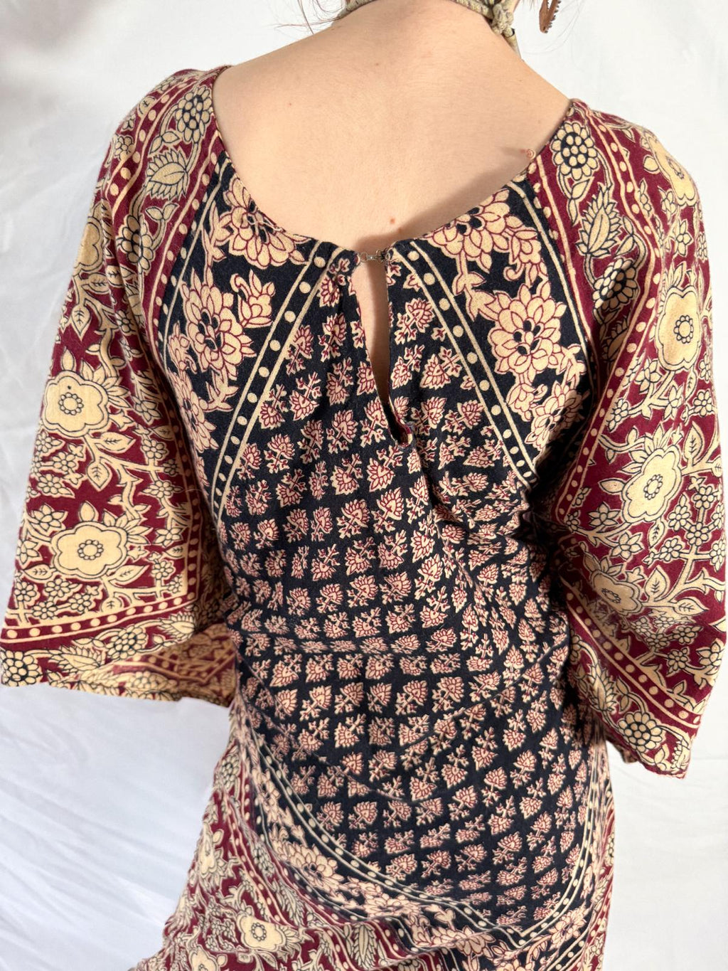 1970s Kaiser Indian Block Print Cotton Maxi Kaftan Dress