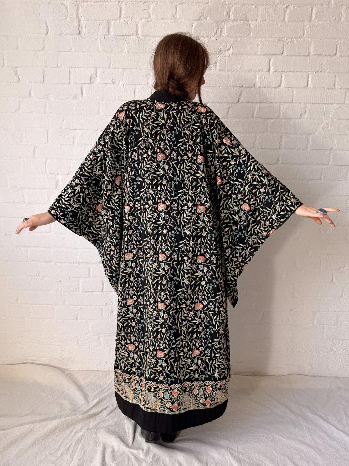 1920s Embroidered Peacock Hostess Kimono-Style Robe