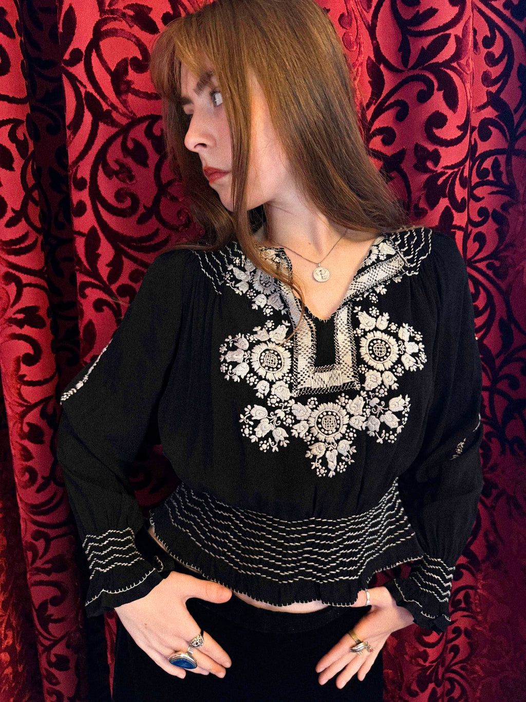 1930s Black & White Embroidered Peasant Penny Lane Blouse